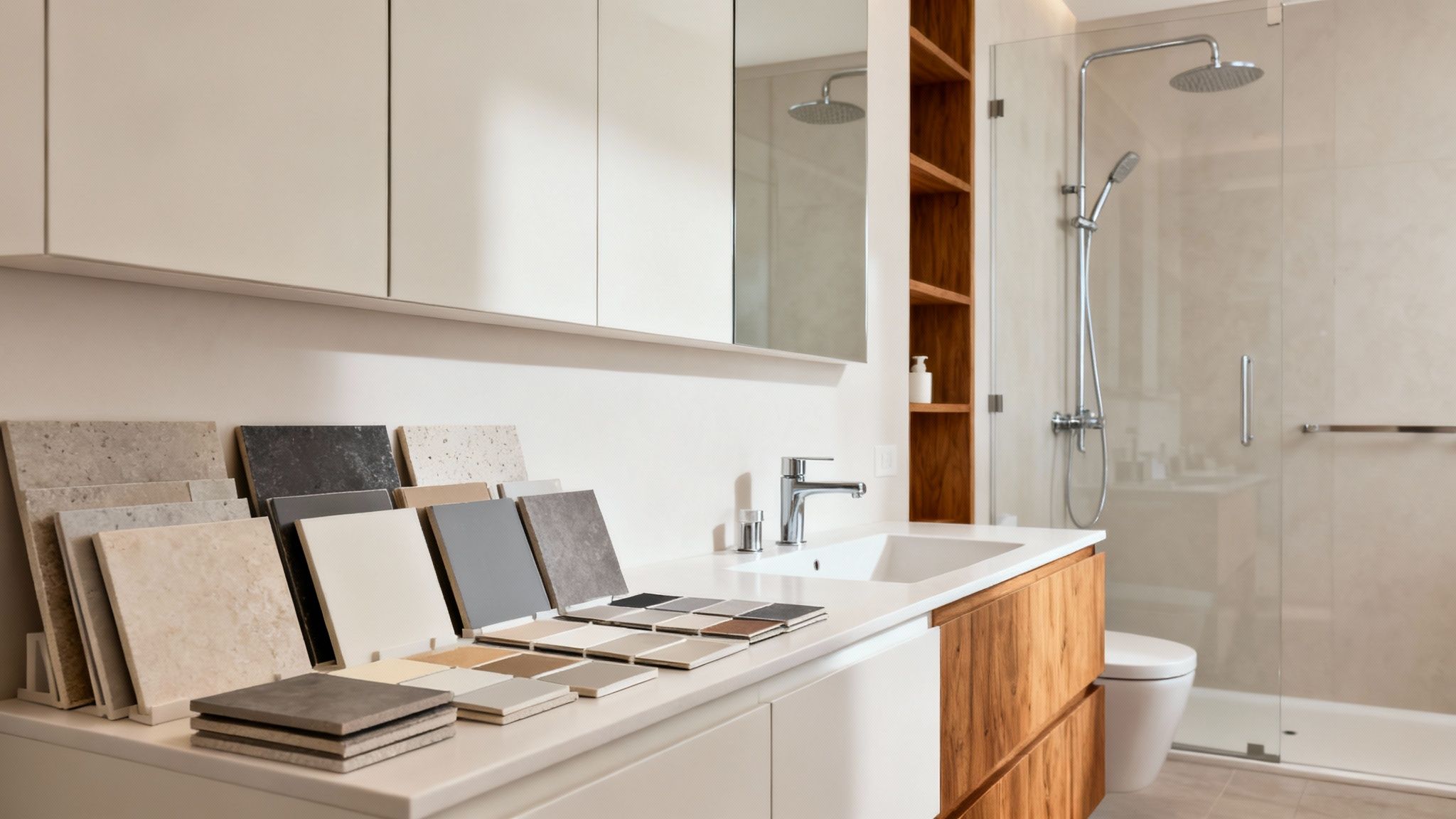 Moderne badeværelse med fliseprøver, vask, skabe og bruseniche, ideelt til inspiration ved renovering.