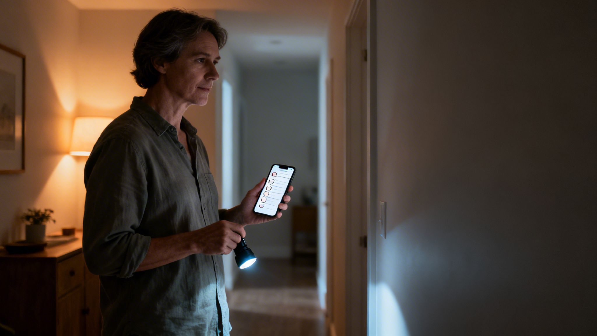 En mand i et mørkt hus bruger smartphone og lommelygte, tjekker opgaver under strømsvigt.