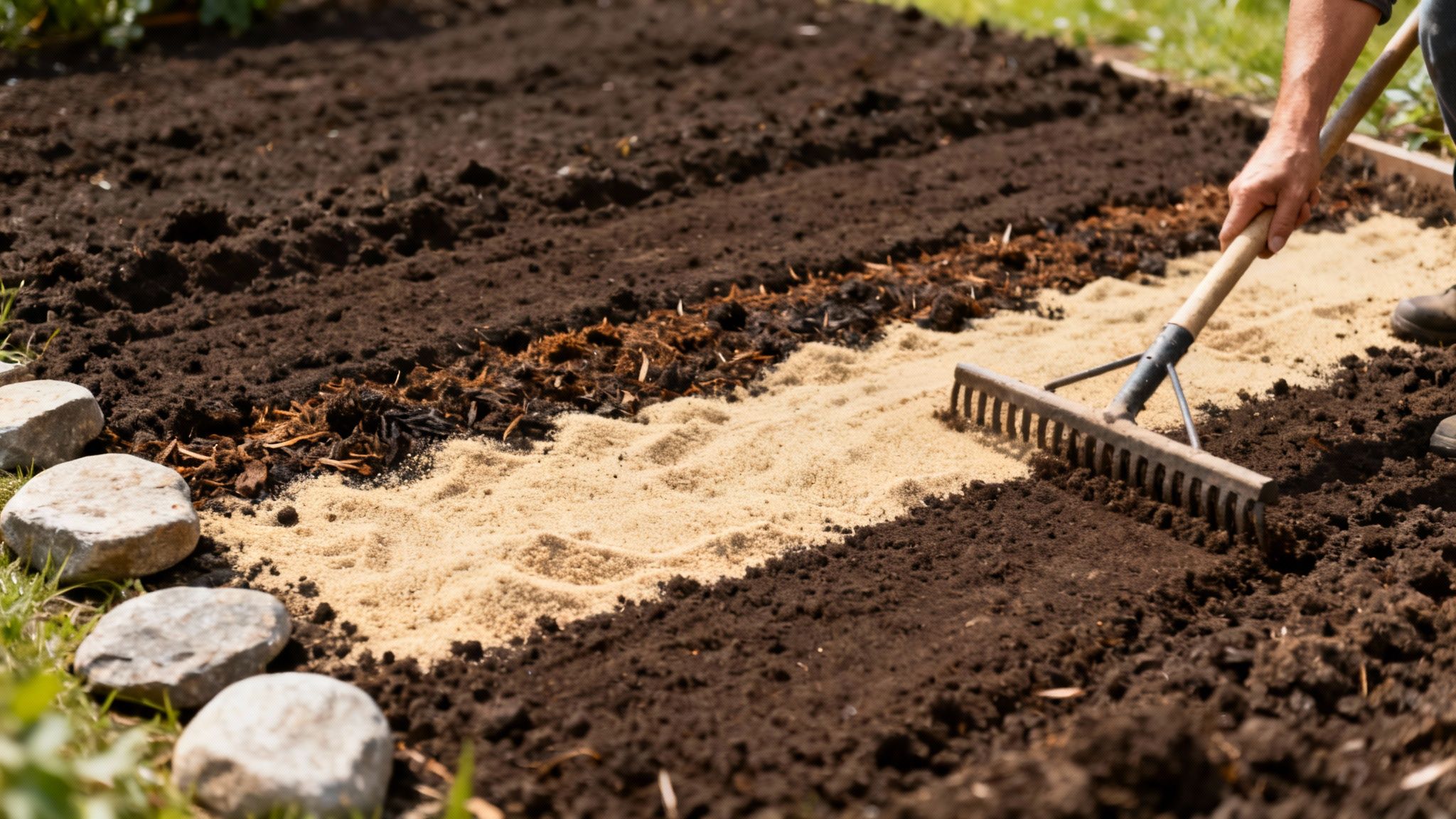 En person river sand og jord i en havebed for at forberede en græsplæne.