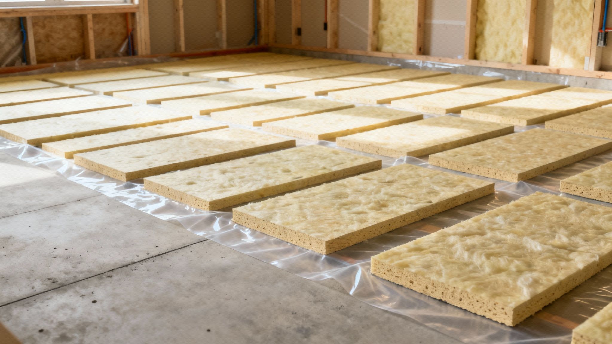 Et billede af et klargjort undergulv, hvor der er lagt isolering og dampspærre klar til gulvvarmeslanger.