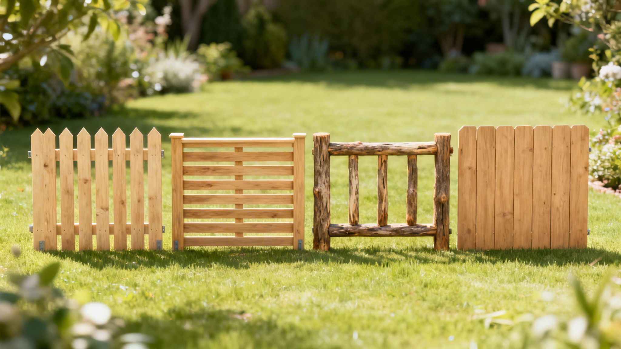 Fire forskellige træhegn i forskellige stilarter står på en grøn græsplæne i en solrig have.