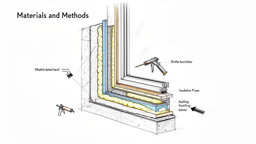Detaljeret illustration af vinduesinstallation med isolering, tætning og værktøj til bygningsisolering.