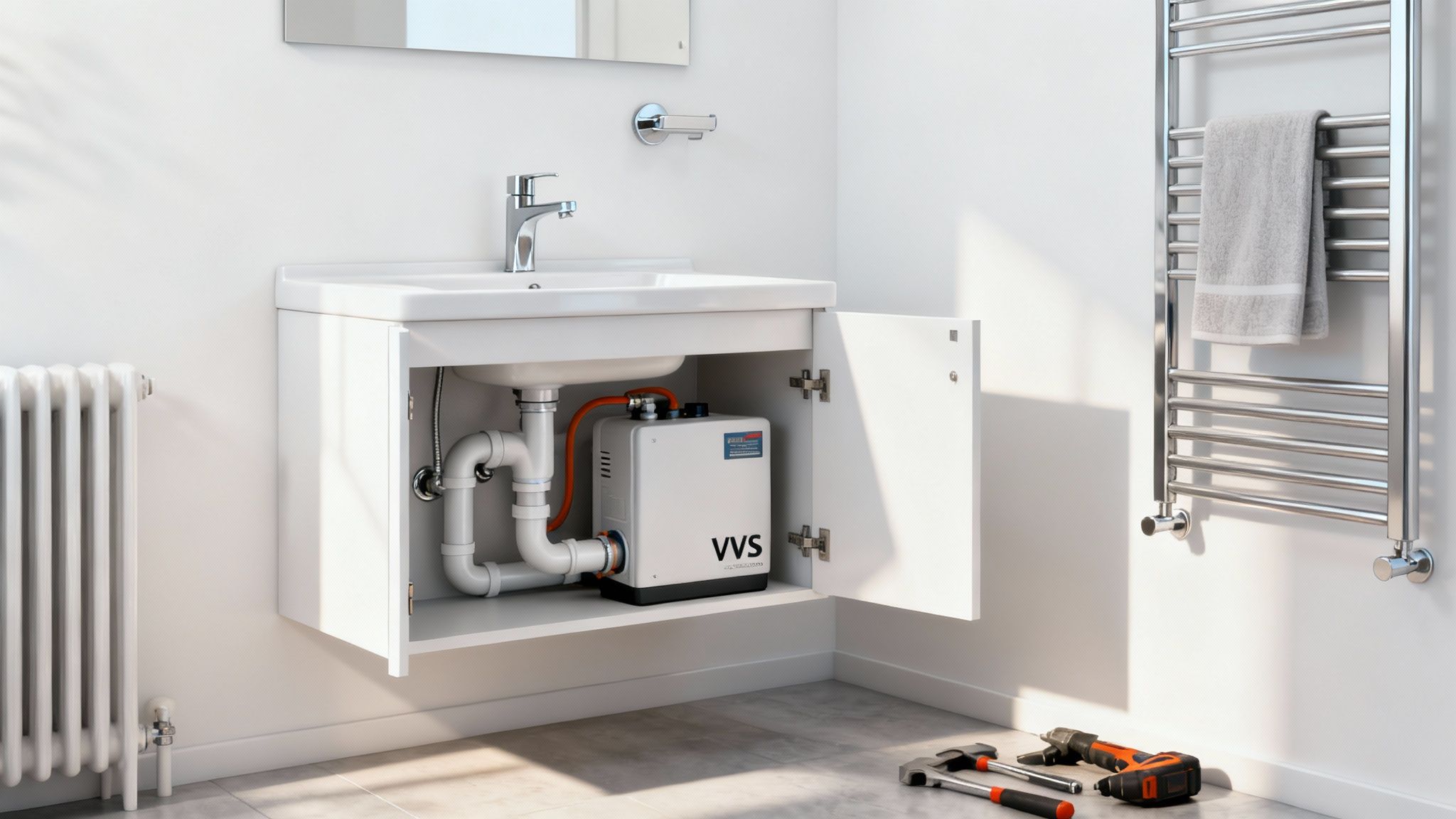 En VVS-installatør installerer et nyt blandingsbatteri i et moderne køkken