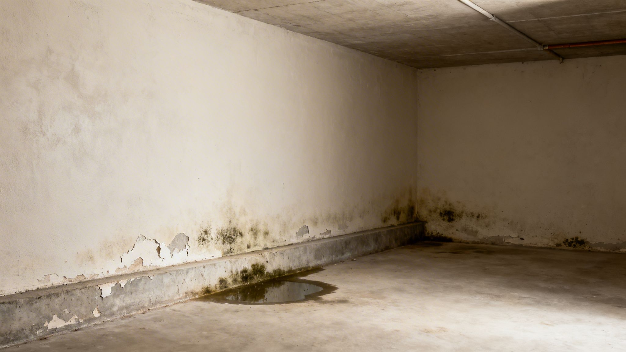 En fugtig kælder med omfattende skimmelvækst på væggene, afskallet maling og en stor vandpyt på gulvet.