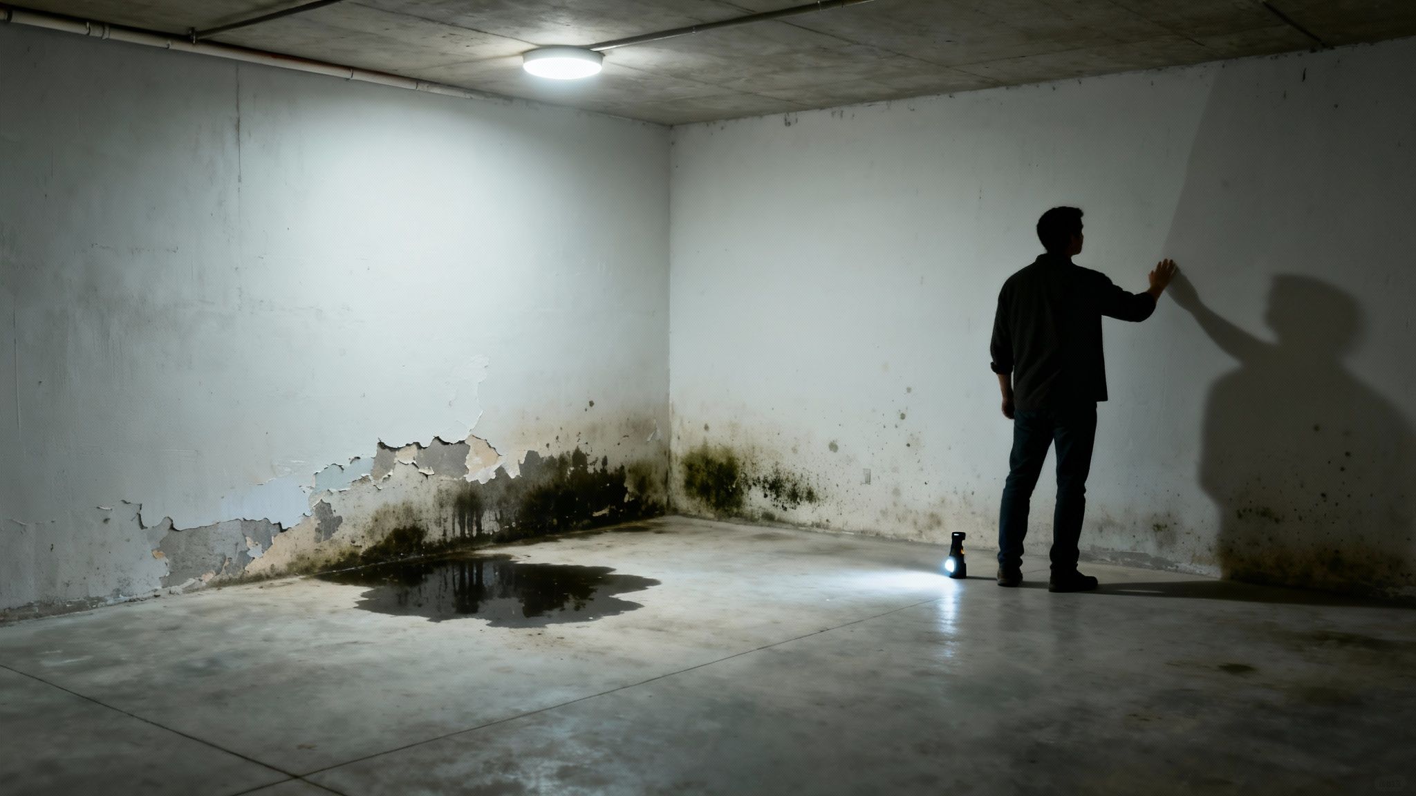 En mand undersøger et fugtigt rum med skimmelsvamp, afskallet maling og en vandpyt på gulvet.