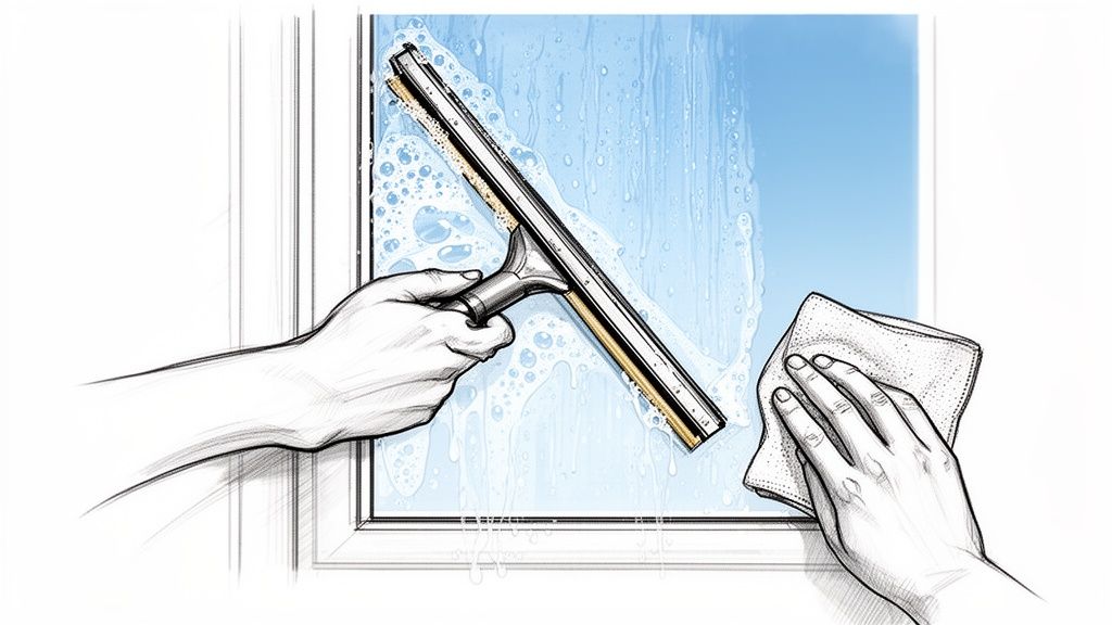 En illustration viser hænder, der pudser et vindue med en skraber og en klud med sæbevand.