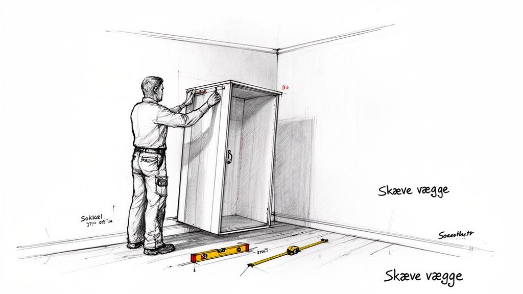 En mand monterer et skab i et hjørne og bruger et vaterpas til at sikre det er lige.
