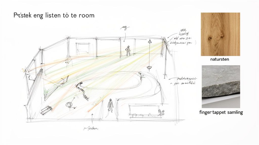 En skitse af et rum med mennesker og en buet sti, samt prøver af træ og sten.
