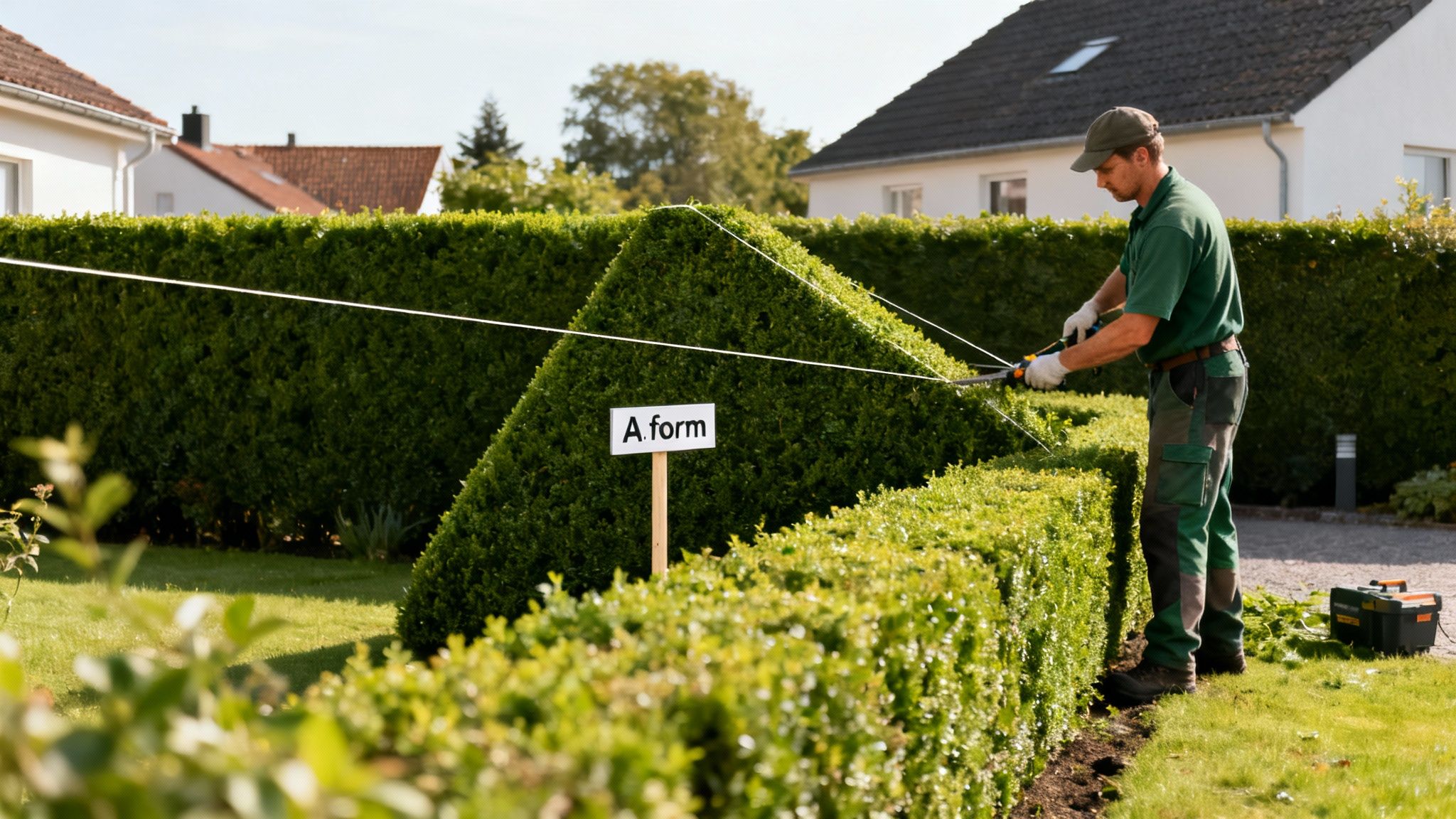 En gartner klipper omhyggeligt en hæk til en 'A form' ved hjælp af snor som guide på en solrig dag.