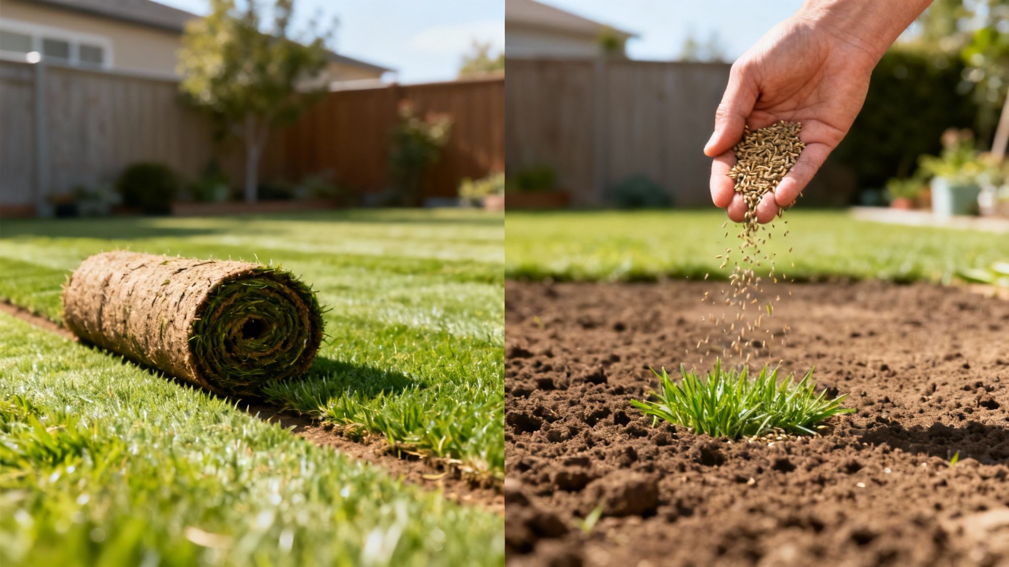 Viser to metoder til at etablere en græsplæne: en græsrulle på græs og en hånd, der sår græsfrø i jord.
