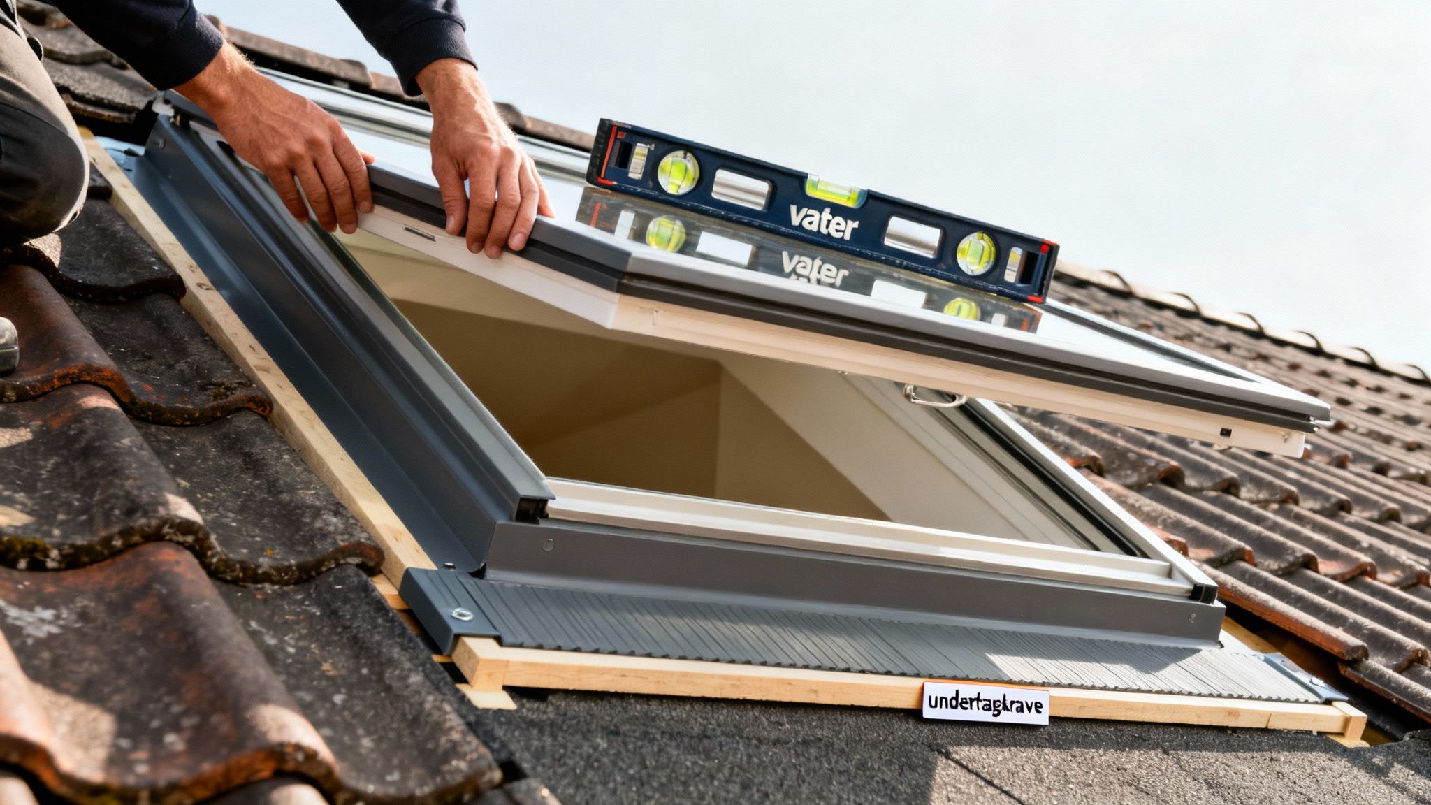 Hænder der monterer et Velux tagvindue på et tegltag med et vaterpas til korrekt installation.