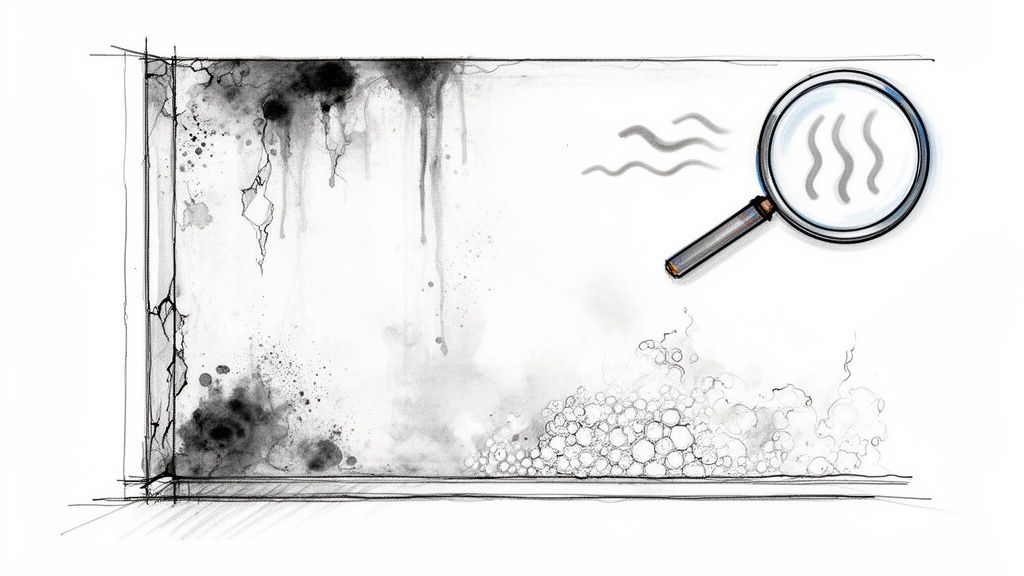 Illustration af en væg med skimmel og fugtskader, hvor et forstørrelsesglas inspicerer fugtproblemer.