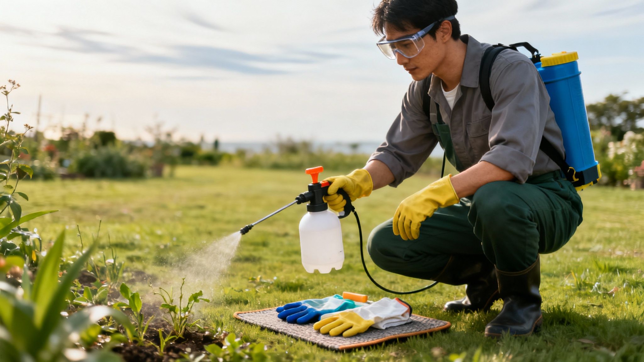 Person i handsker, der forsigtigt blander ukrudtsmiddel i en havesprøjte