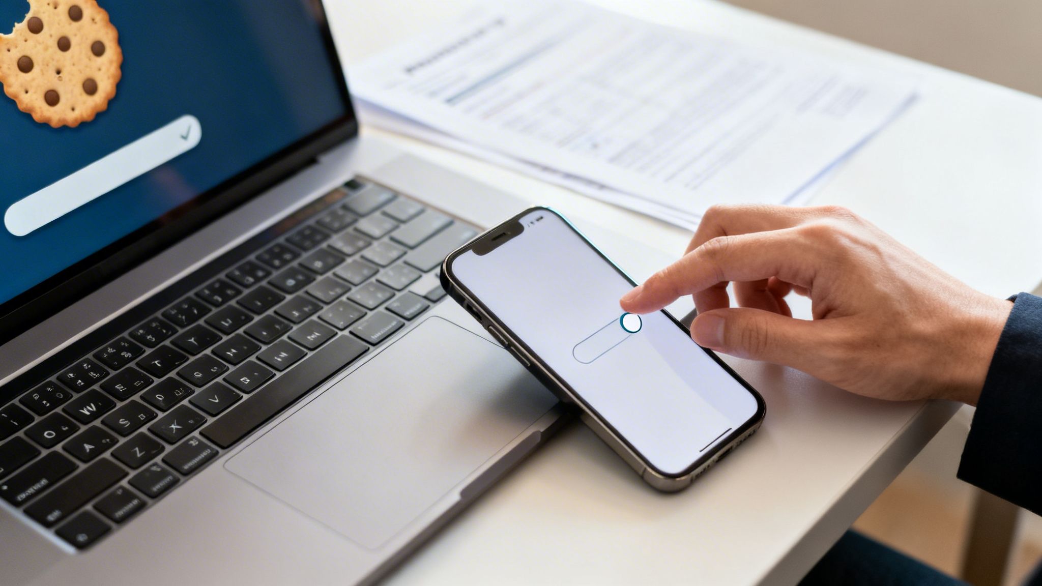 En person bruger en smartphone og bærbar computer, der viser cookie- og søgemuligheder, relateret til privatliv.