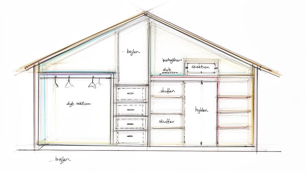 Detaljeret skitse af indbyggede skabe under skråvægge med bøjlestænger, skuffer og hylder til opbevaring.