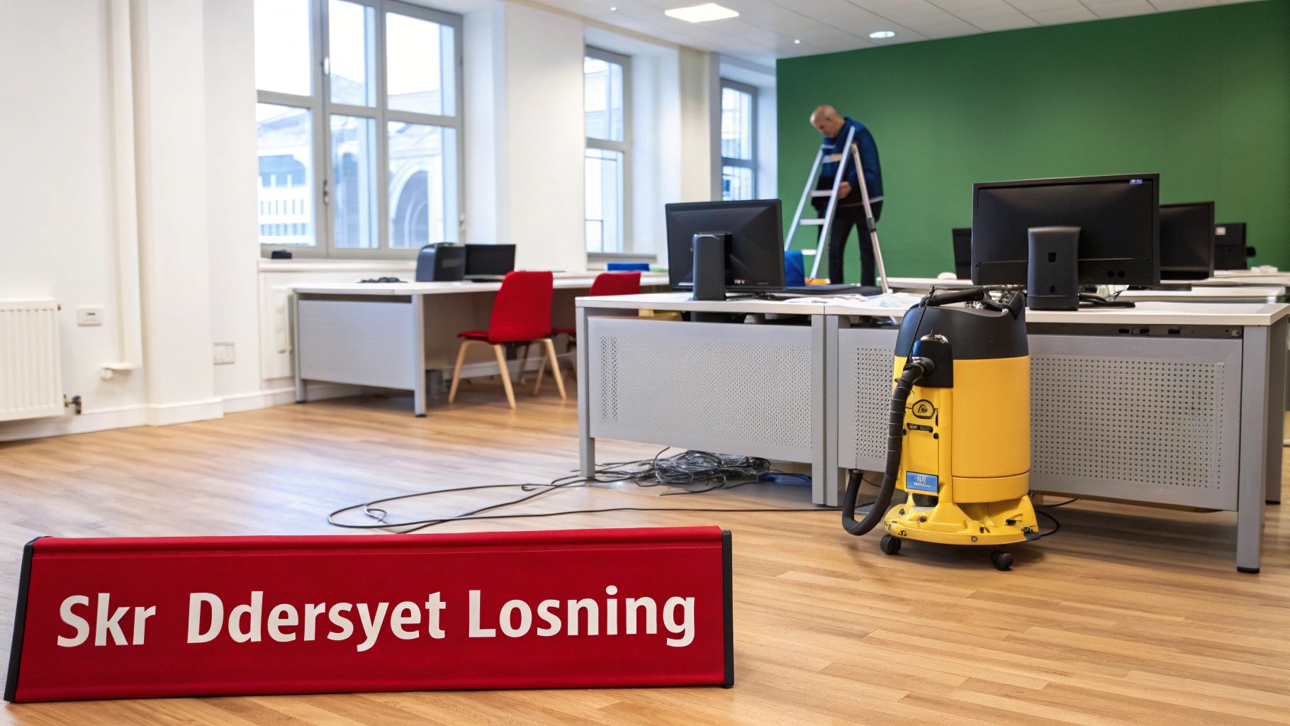 Et kontor rengøres med en arbejder på en stige, en støvsuger og et rødt banner i forgrunden.