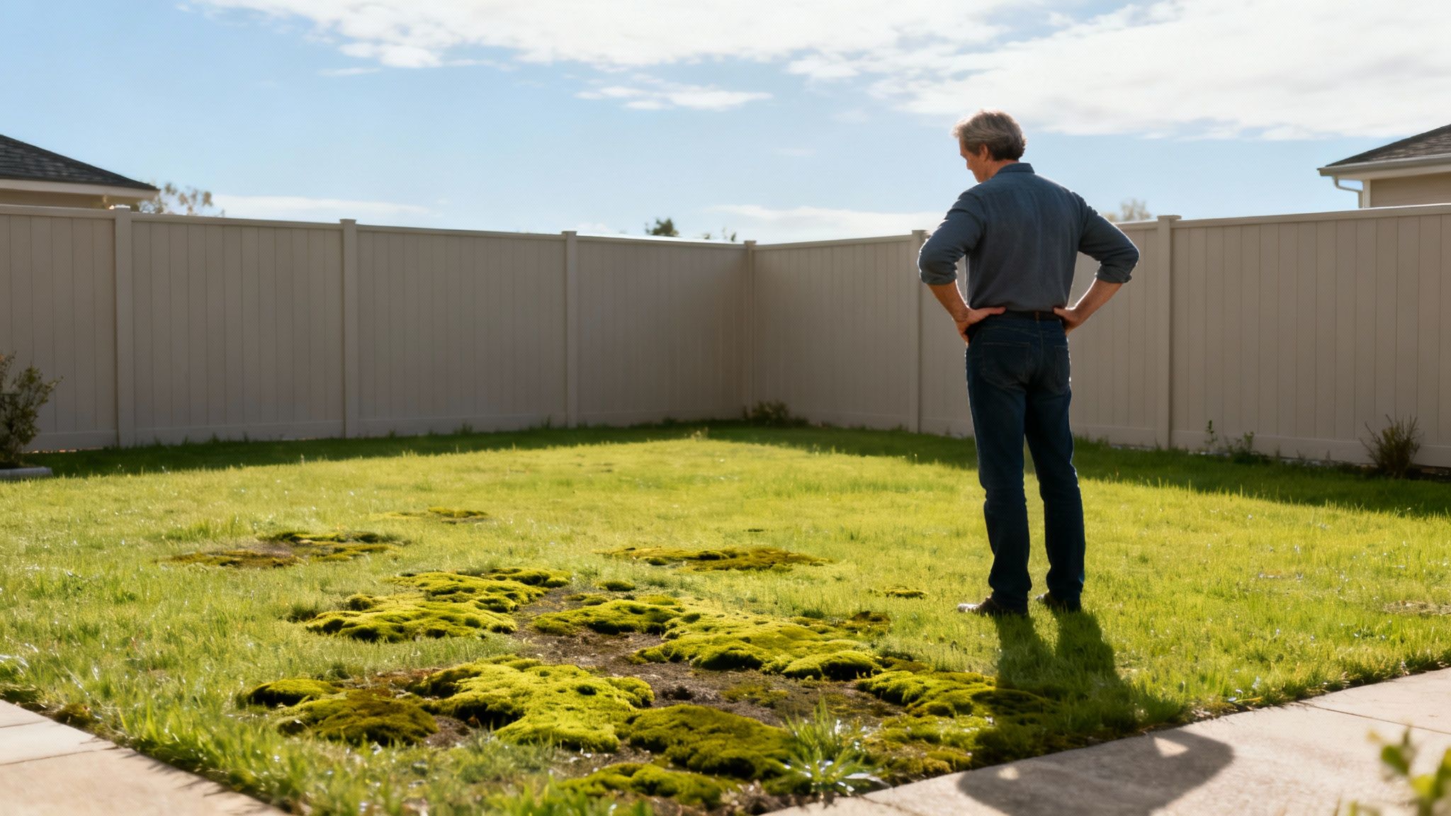 En mand står i en solbeskinnet have og betragter en græsplæne dækket af grøn mos.