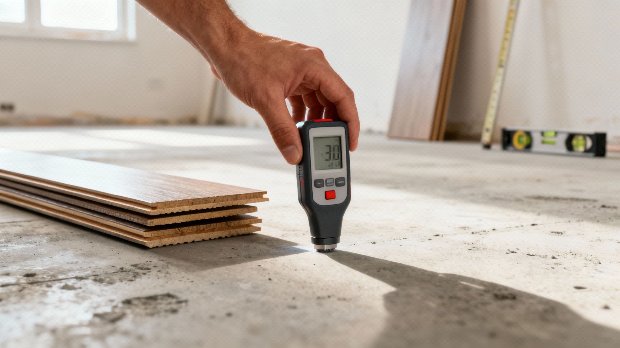 En hånd måler fugten i et betongulv med en fugtmåler, før nyt gulv lægges.