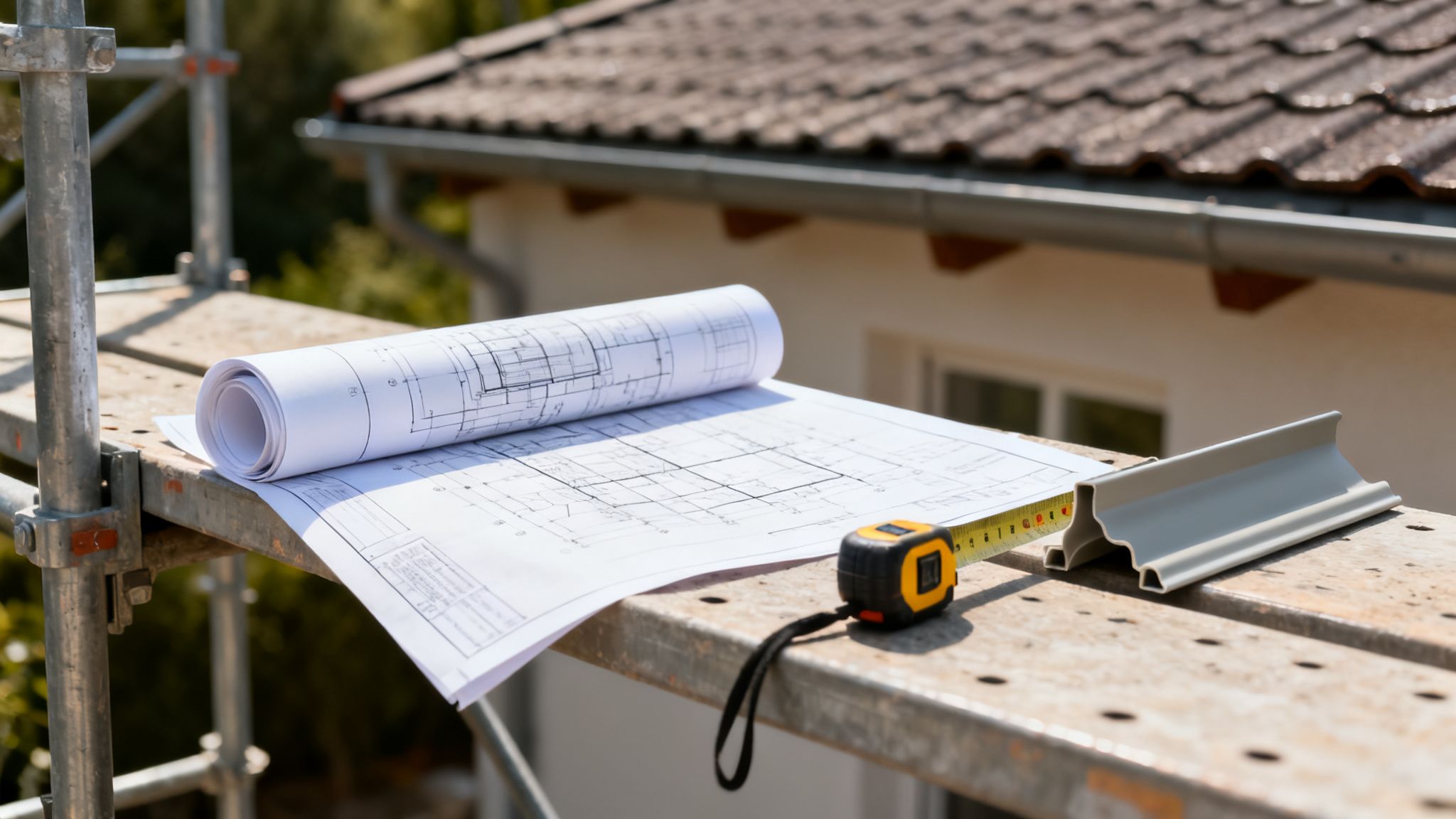 Arkitekttegninger, målebånd og byggeprofil på stillads med tagrende og tag i baggrunden.