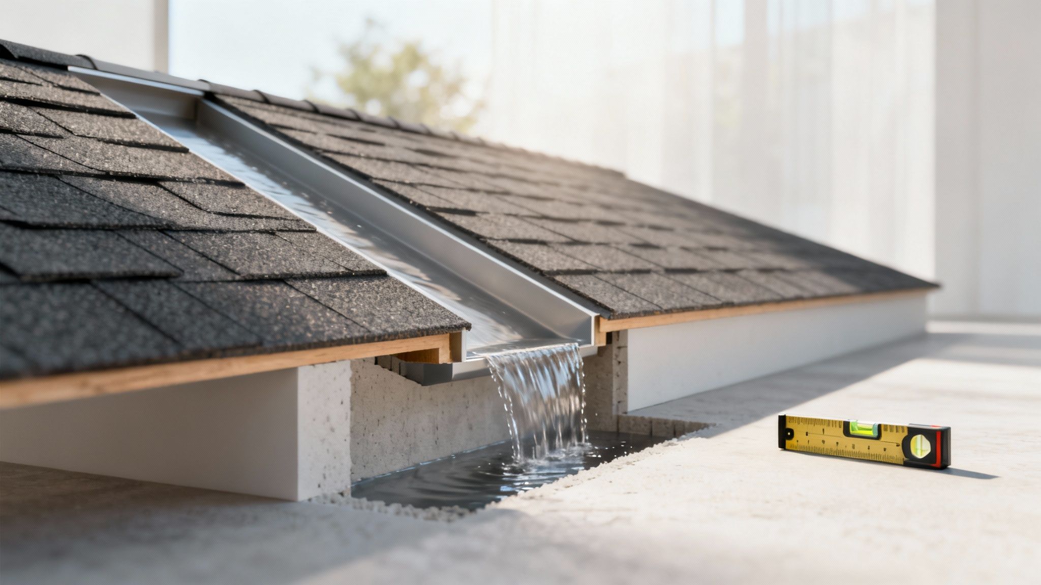 Detaljeret snit af tag med skotrende og vandafledning, vist med et vaterpas.