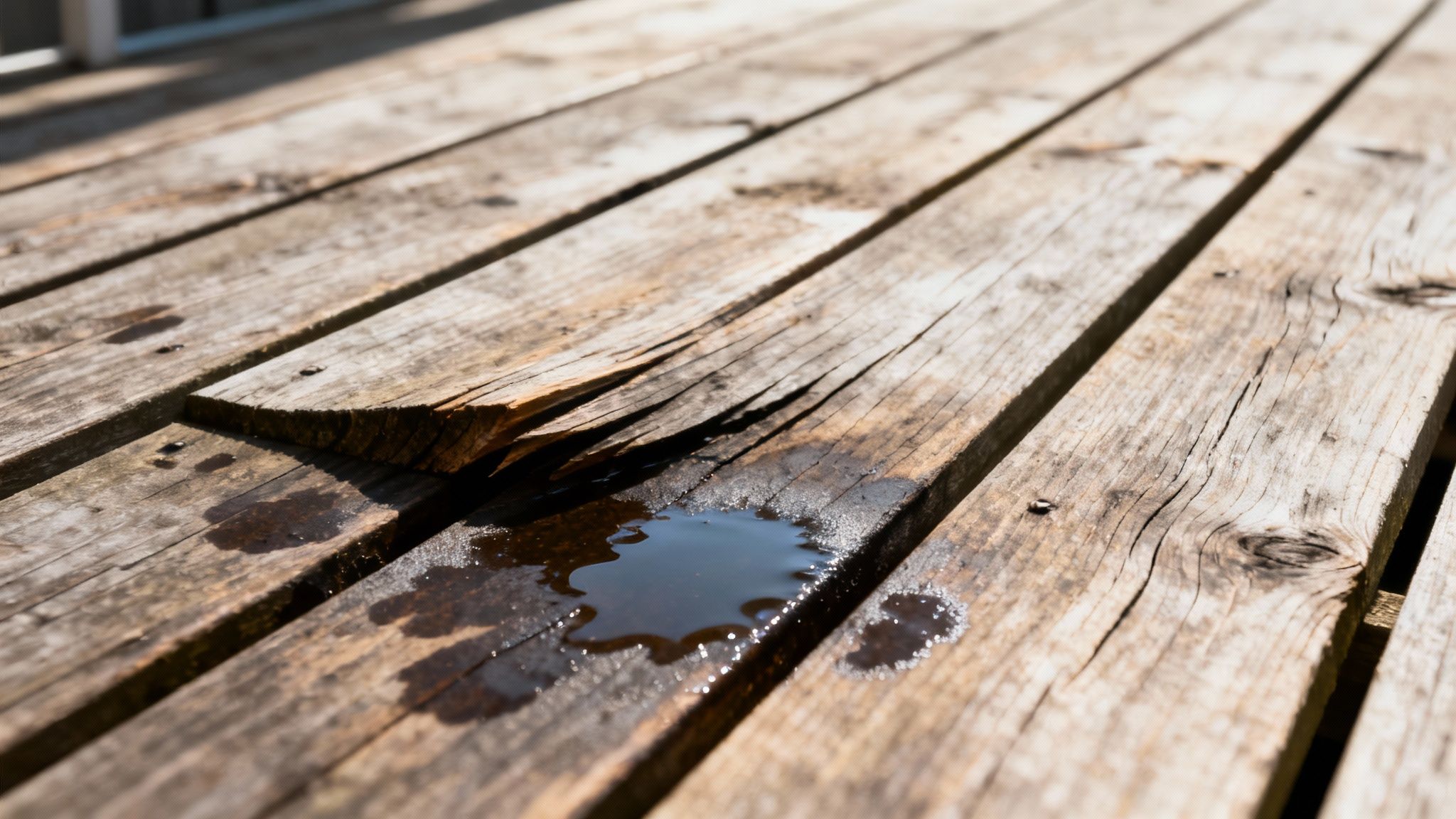 En terrasse med brædder, der buler op på grund af for lille afstand.