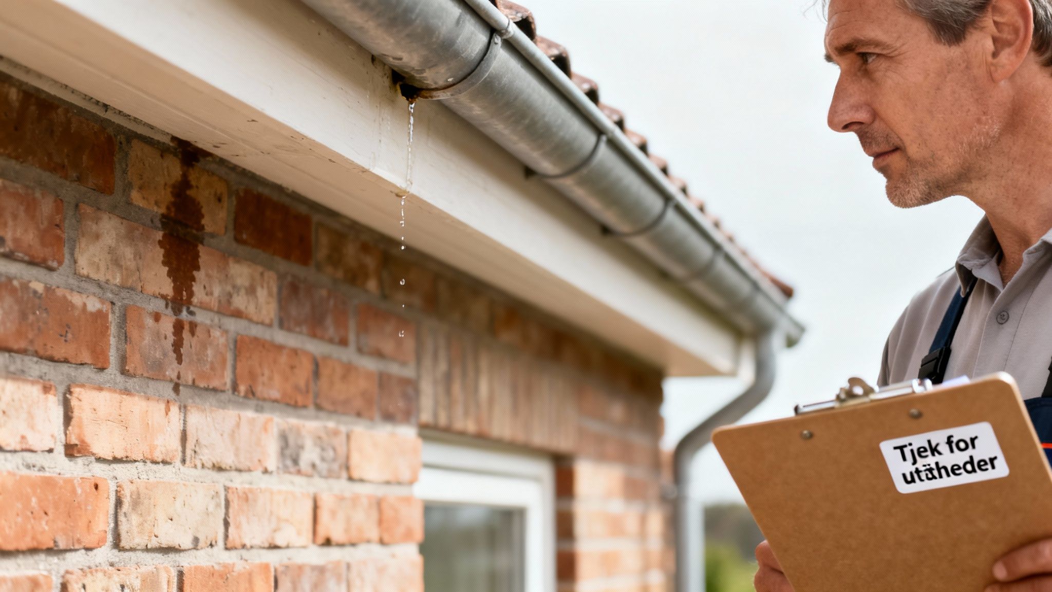 Professionel mand tjekker en utæt tagrende på et murstenshus, hvor vand drypper ned.