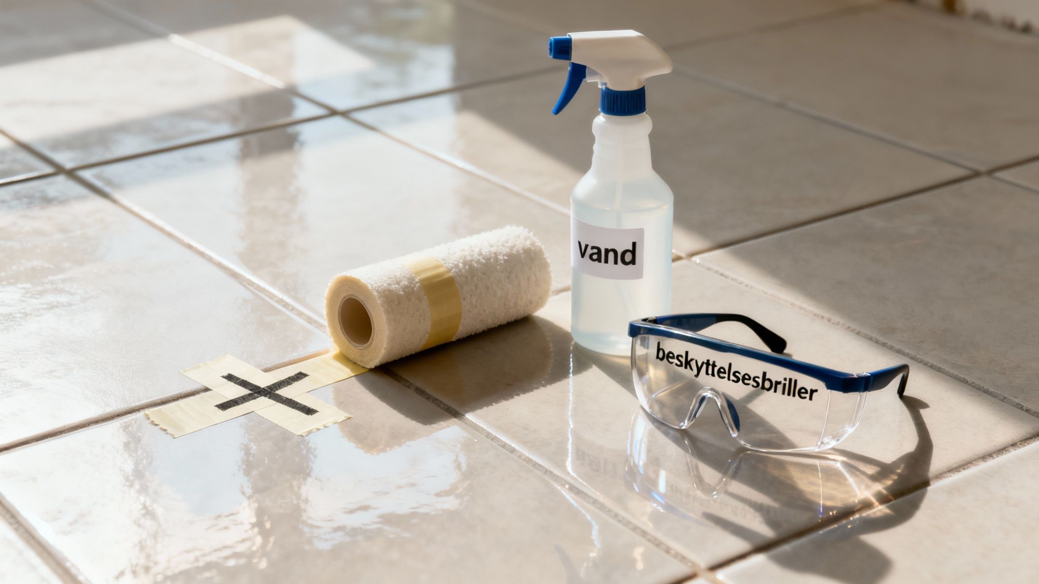 Udstyr til at bore i fliser: En rulle stof, en sprayflaske med vand, beskyttelsesbriller og et kryds på gulvet.