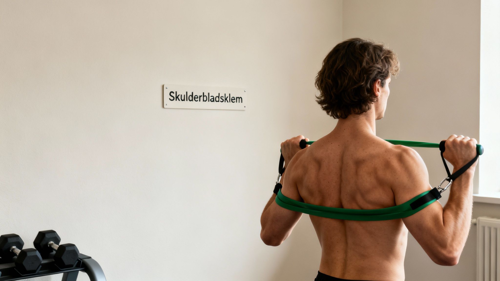 En mand træner sin ryg med et grønt træningselastik. Skiltet siger 'Skulderbladsklem'.