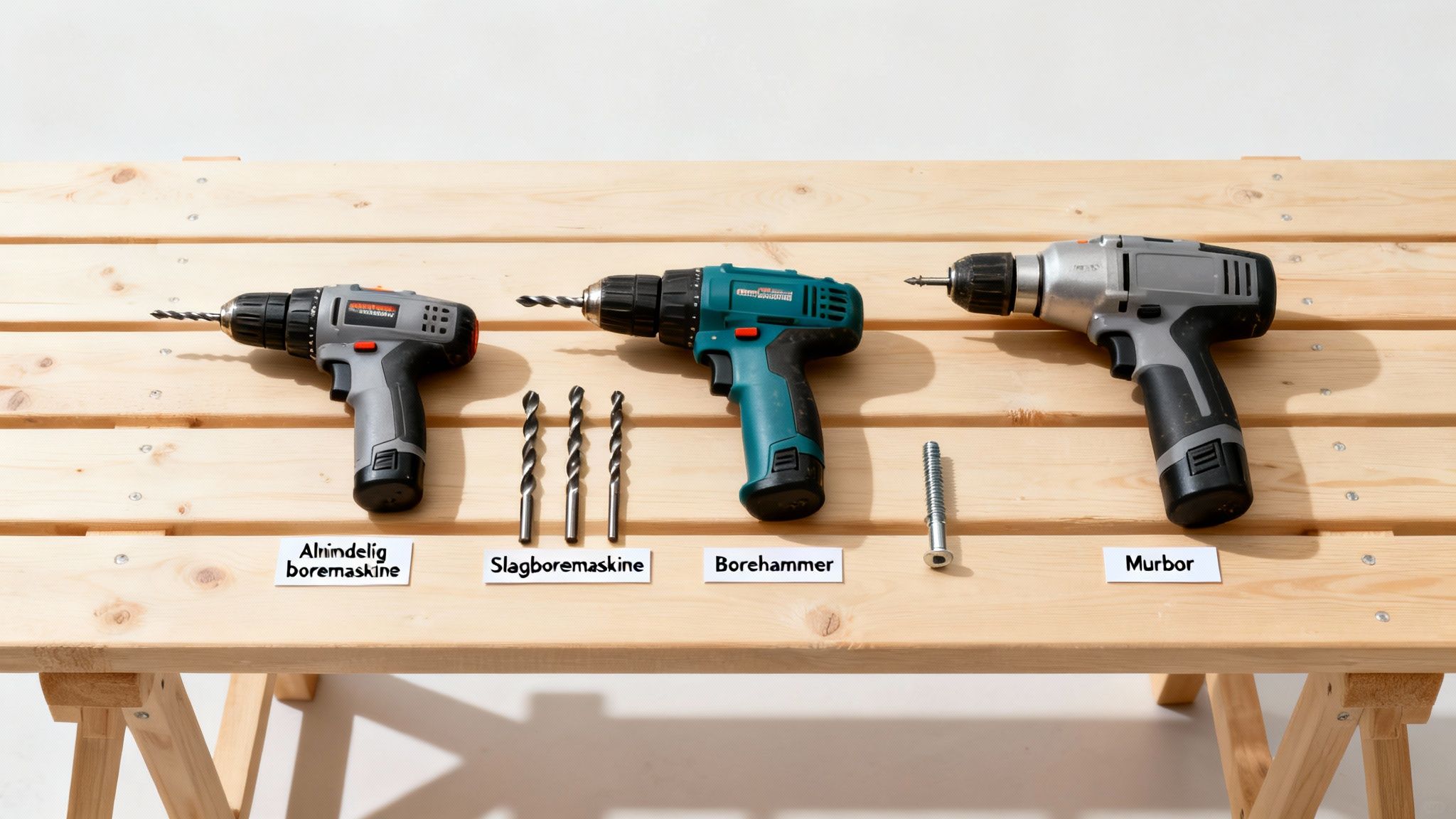 Tre forskellige boremaskiner og tilbehør, herunder bor og en skrue, arrangeret på en træbænk.
