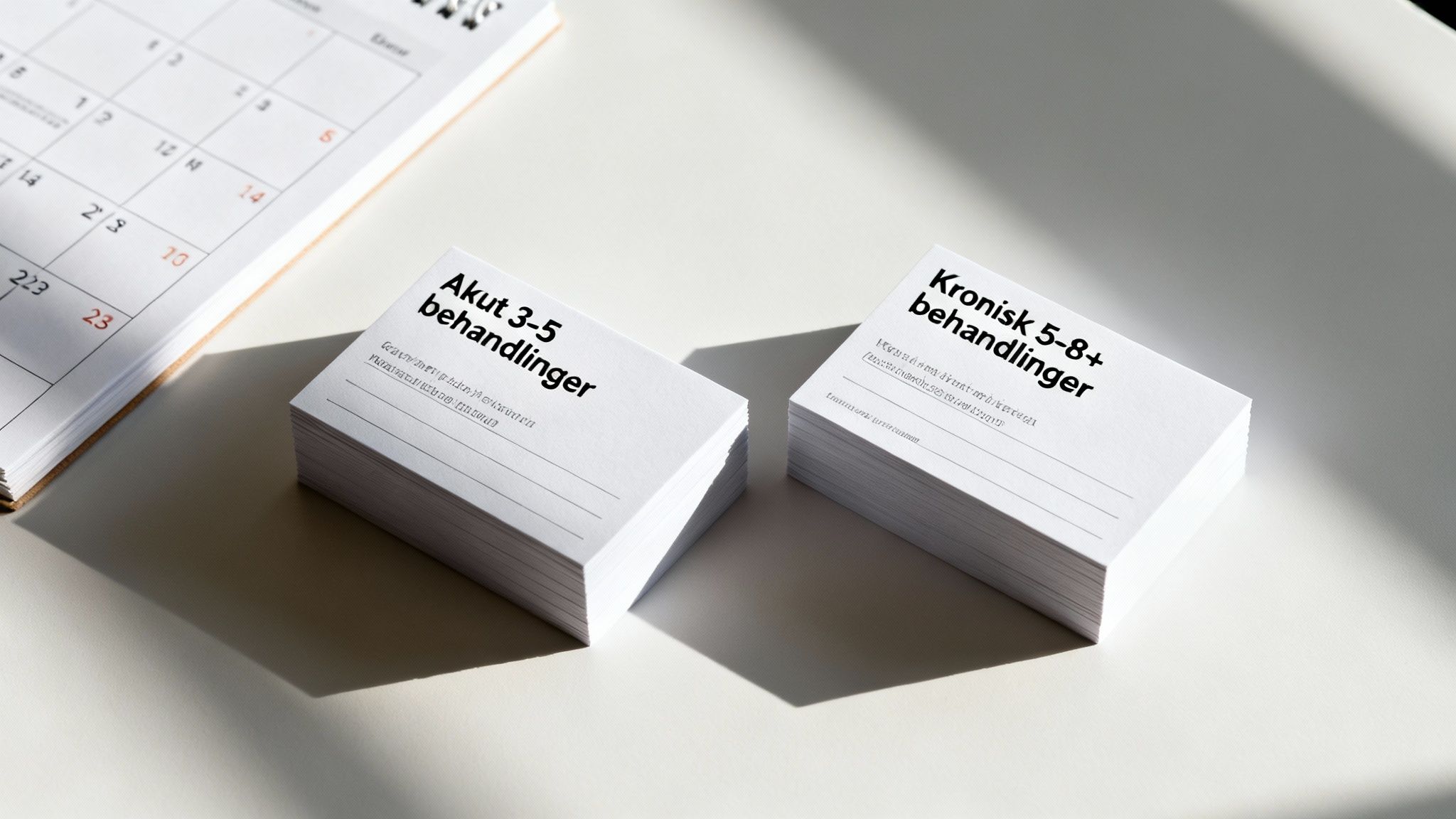 To stakke hvide kort med teksten 'Akut' og 'Kronisk' behandlinger ved siden af en kalender.