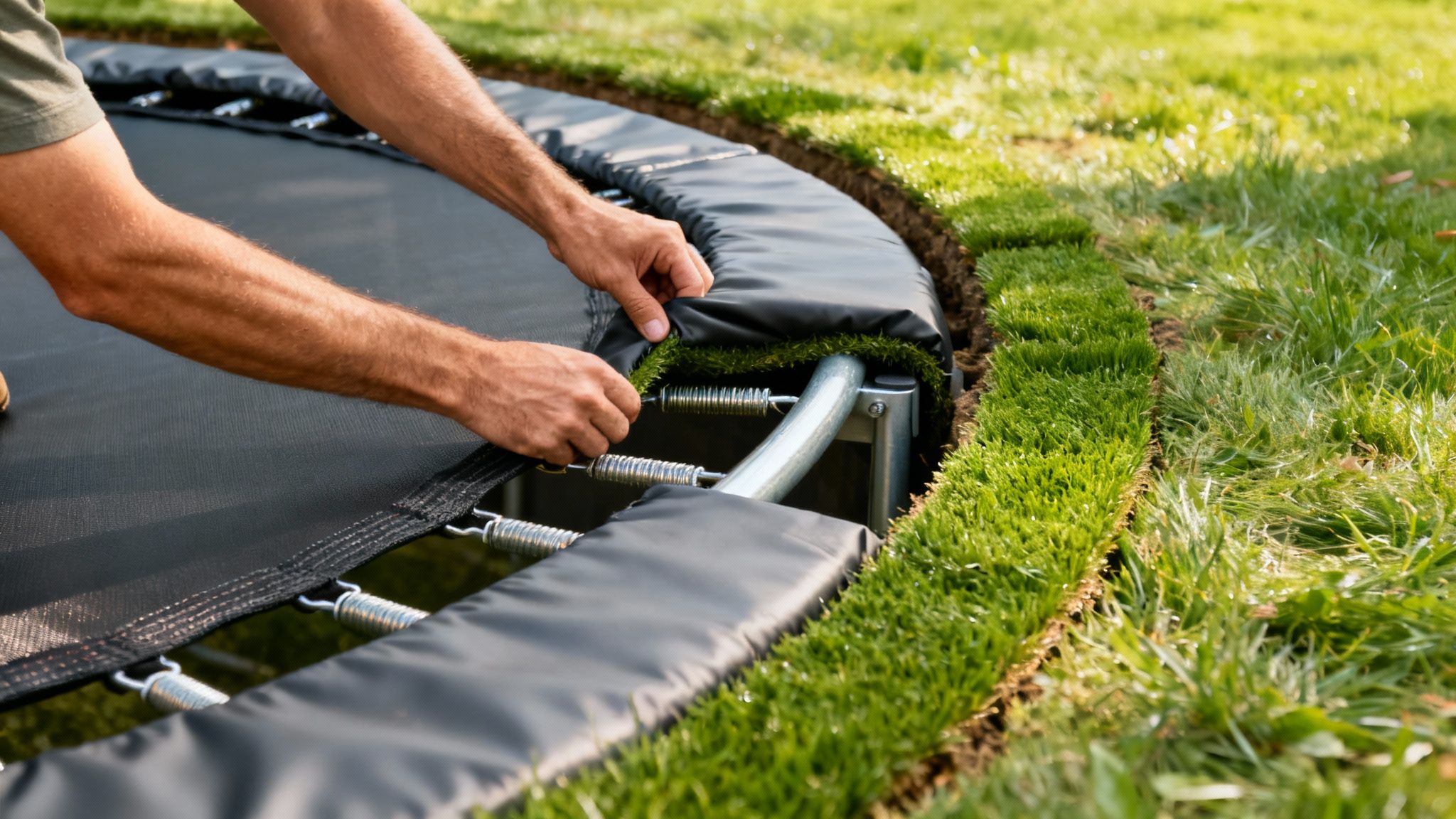 Mands hænder installerer eller justerer sikkerhedspuden på en nedgravet trampolin i en græsplæne.