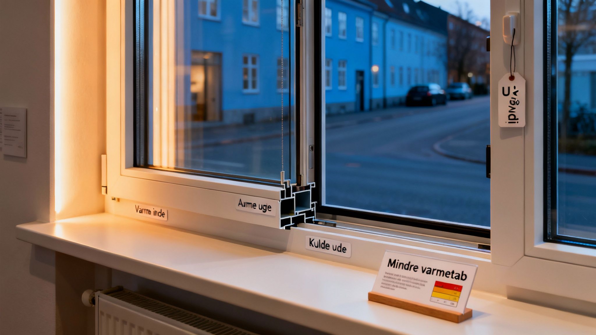 Et udstillingsvindue viser tværsnit af vinduesramme med isolering og energimærkning.