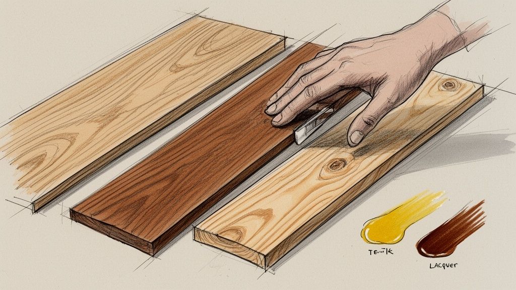 Hånd påfører træolie eller lak på et træbræt, der viser forskellige overfladebehandlinger og væsker.