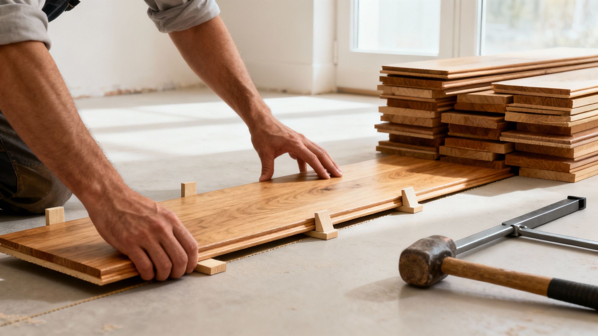 En person lægger et nyt plankegulv af træ i et rum, med stablede træplanker og værktøj i nærheden.