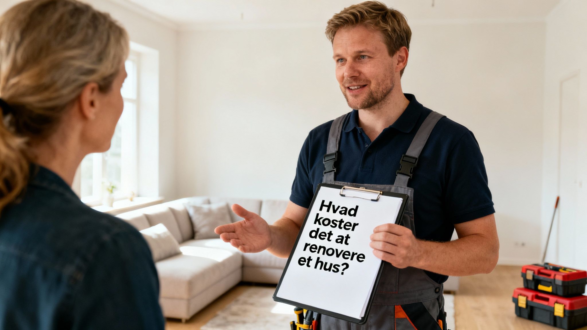 En håndværker holder et clipboard med spørgsmålet 'Hvad koster det at renovere et hus?' og taler med en kunde.