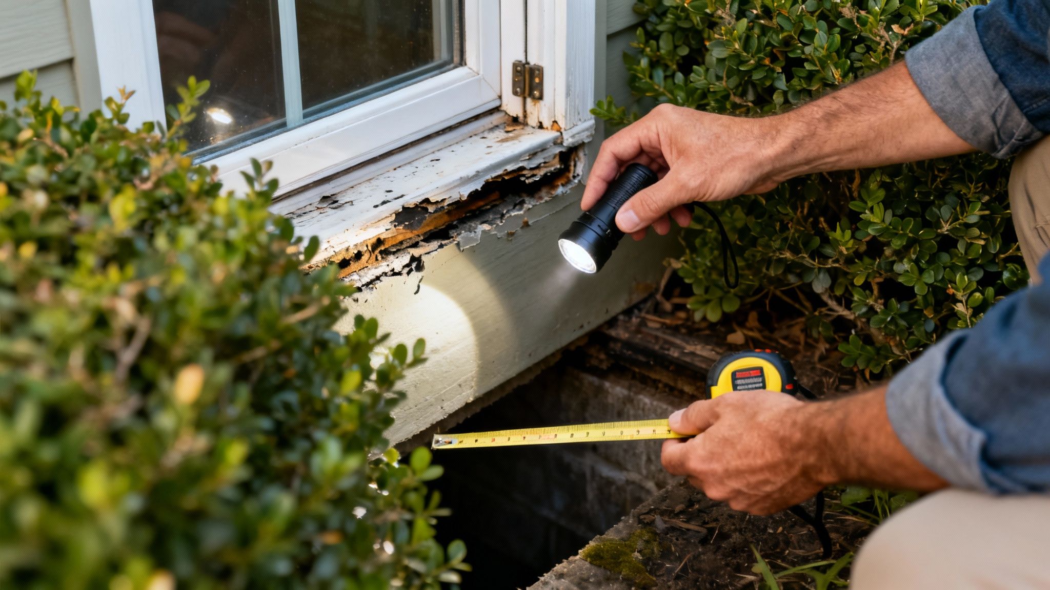 En person inspicerer med en lommelygte og målebånd alvorlige skader under et vindue på et hus.