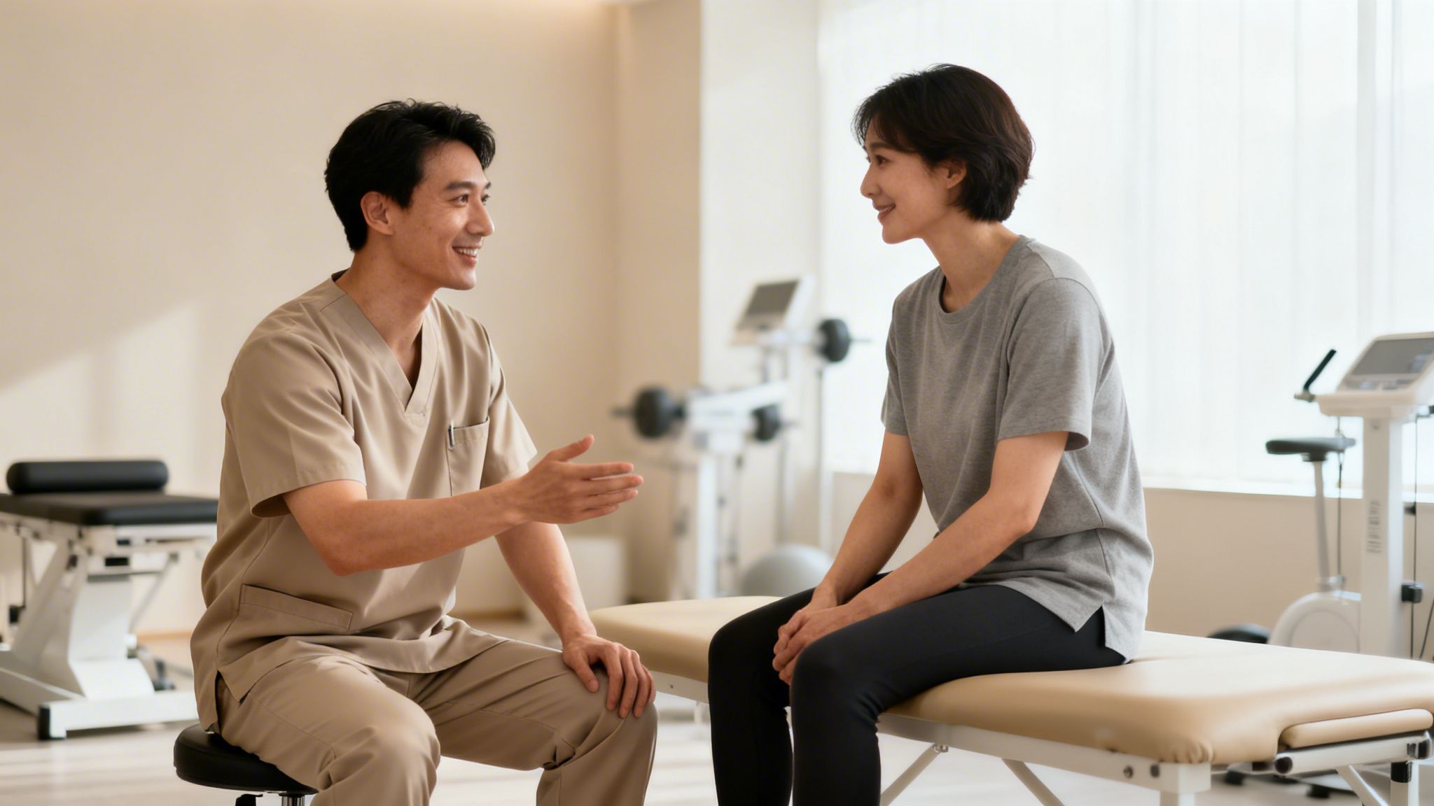 Fysioterapeut taler med en patient på en undersøgelsesbriks i en klinik.