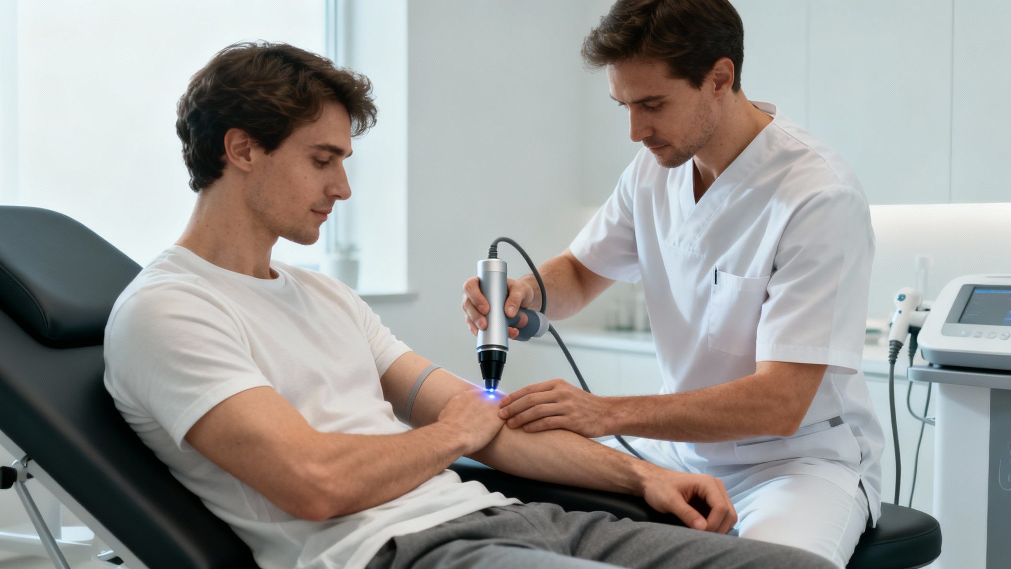 En mand med albueproblemer modtager laserterapi på sin underarm fra en professionel behandler på en klinik.
