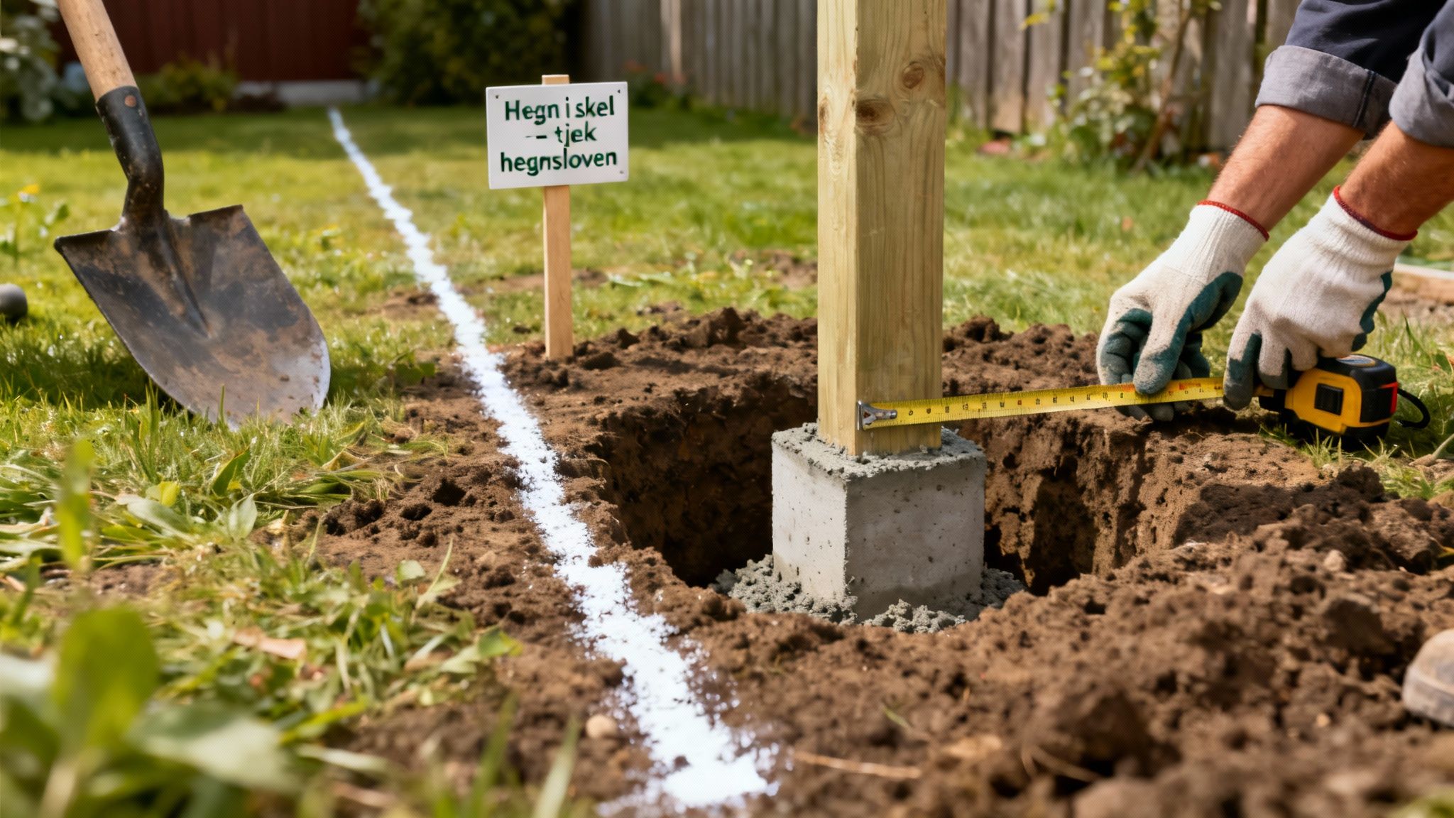 En person måler en træhegnspæl med målebånd. Pælen er støbt i beton ved en markeret linje, med en skovl i baggrunden. Et skilt minder om hegnsloven.