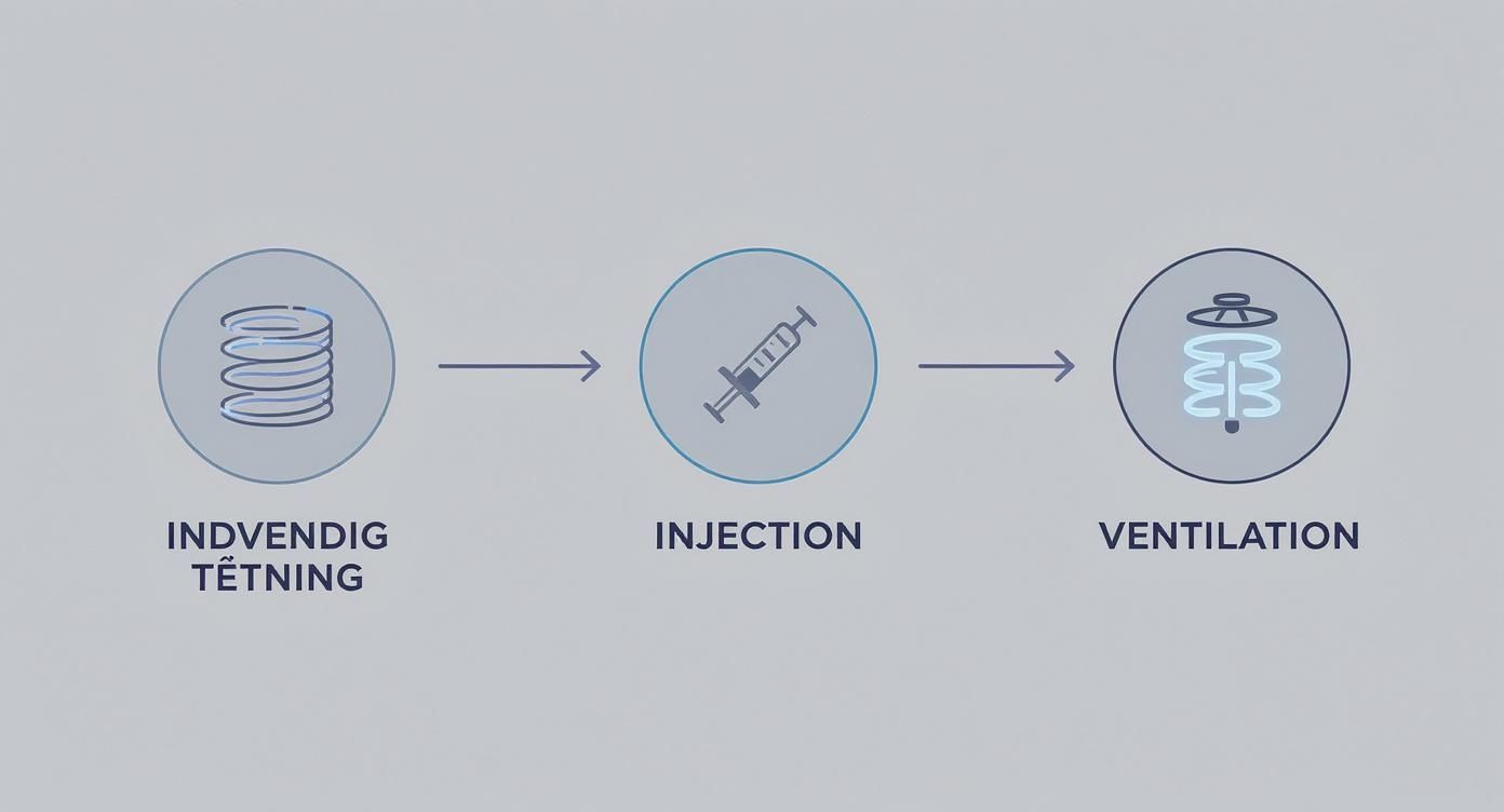 Diagram, der viser trinene for indvendig tætning, injektion og ventilation i en proces.