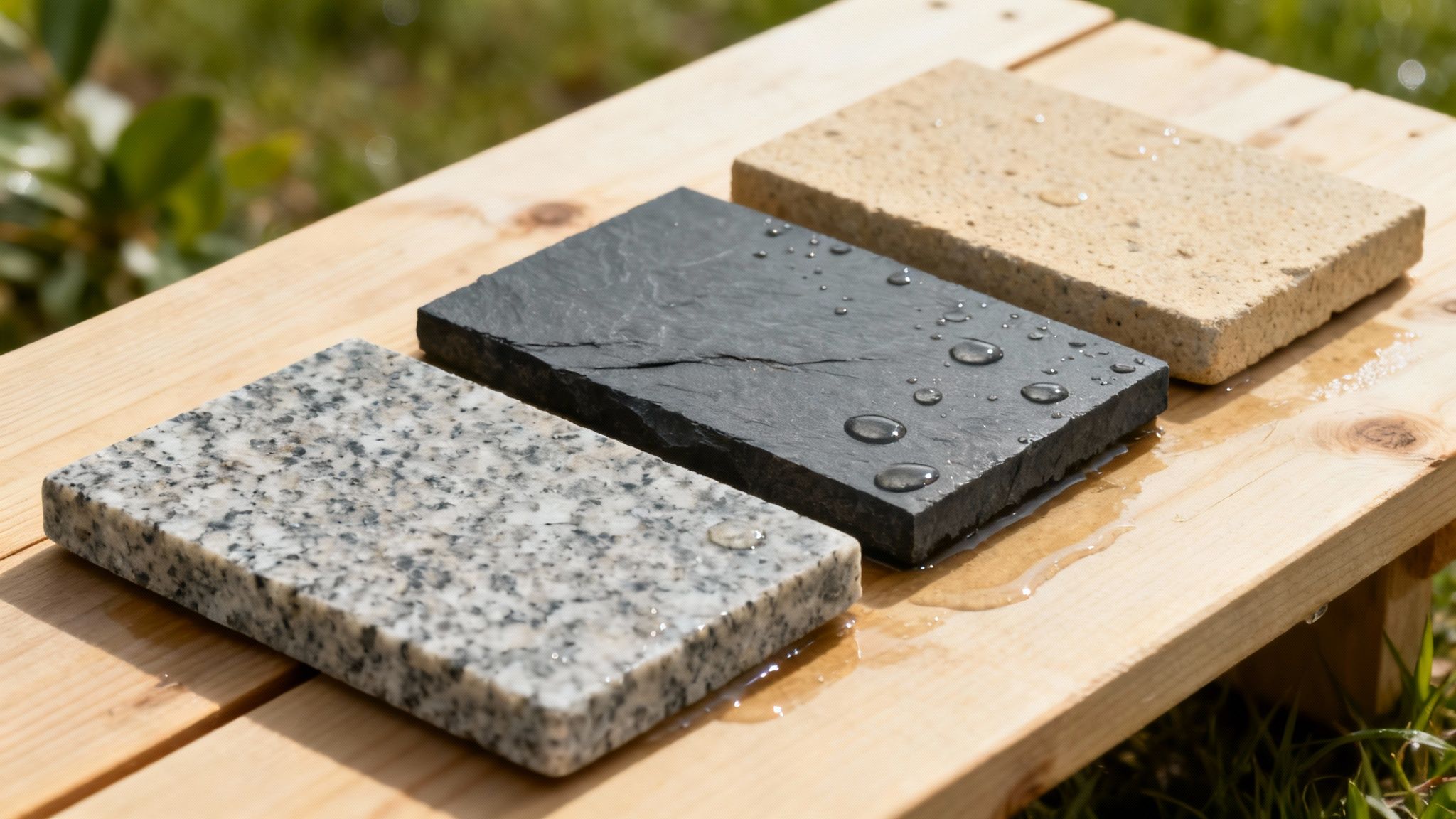 Moderne terrasse med store, lyse naturstensfliser omgivet af grønne planter