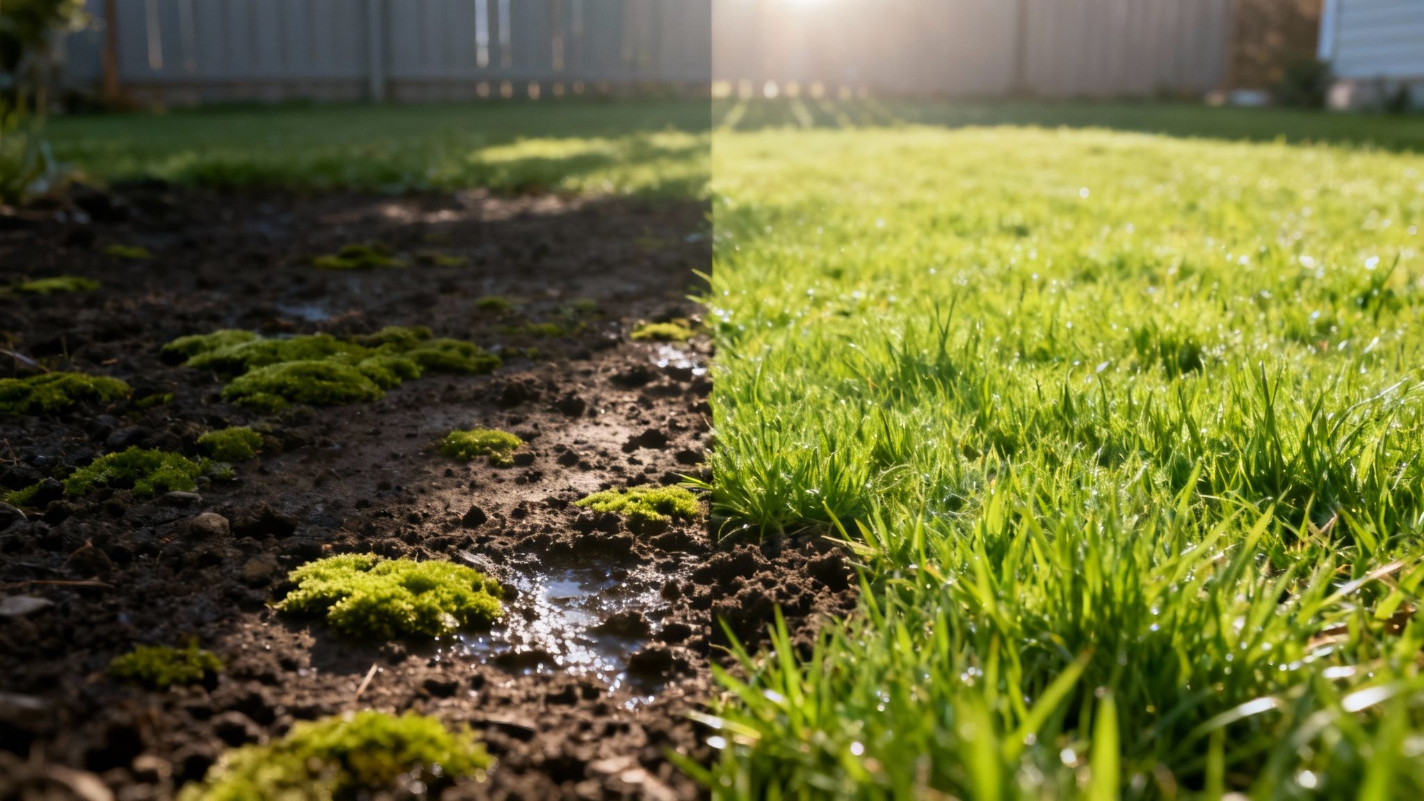 En græsplæne med tydelige pletter af mos, som illustrerer et almindeligt haveproblem.