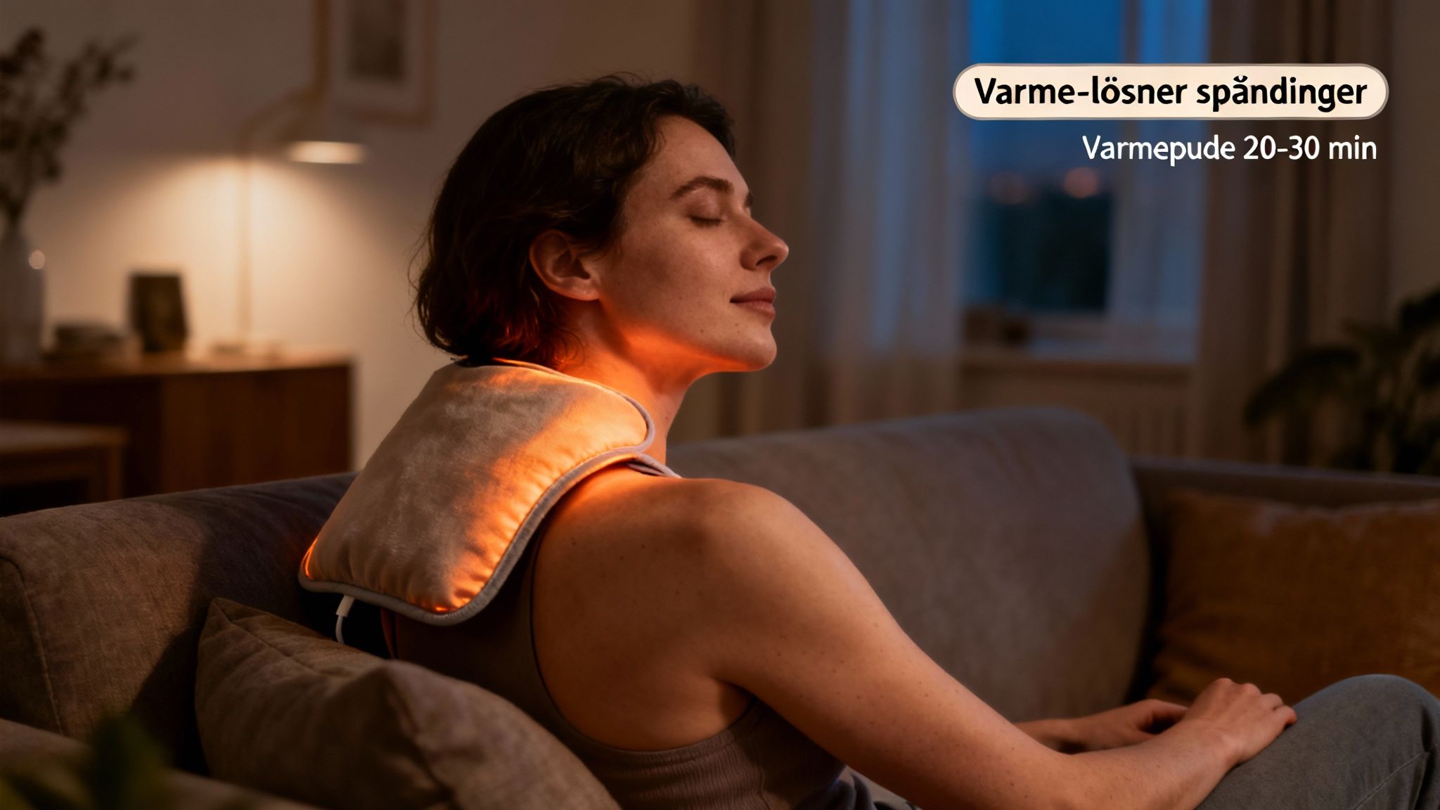 En kvinde slapper afslappet af på sofaen med en varmepude på skuldrene for at lindre spændinger.