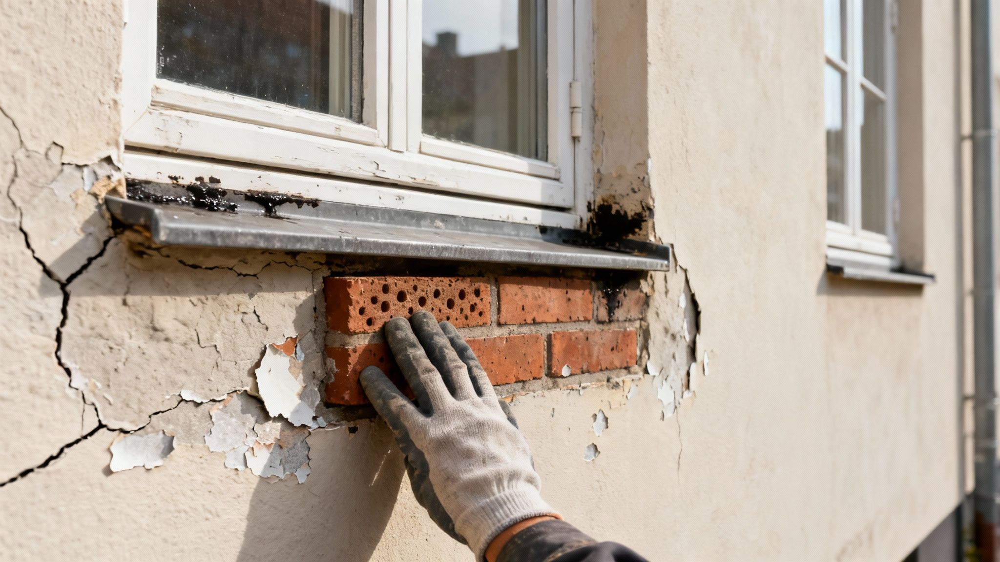 En hånd i handske rører ved nye mursten under et vindue med afskallet maling på facaden.
