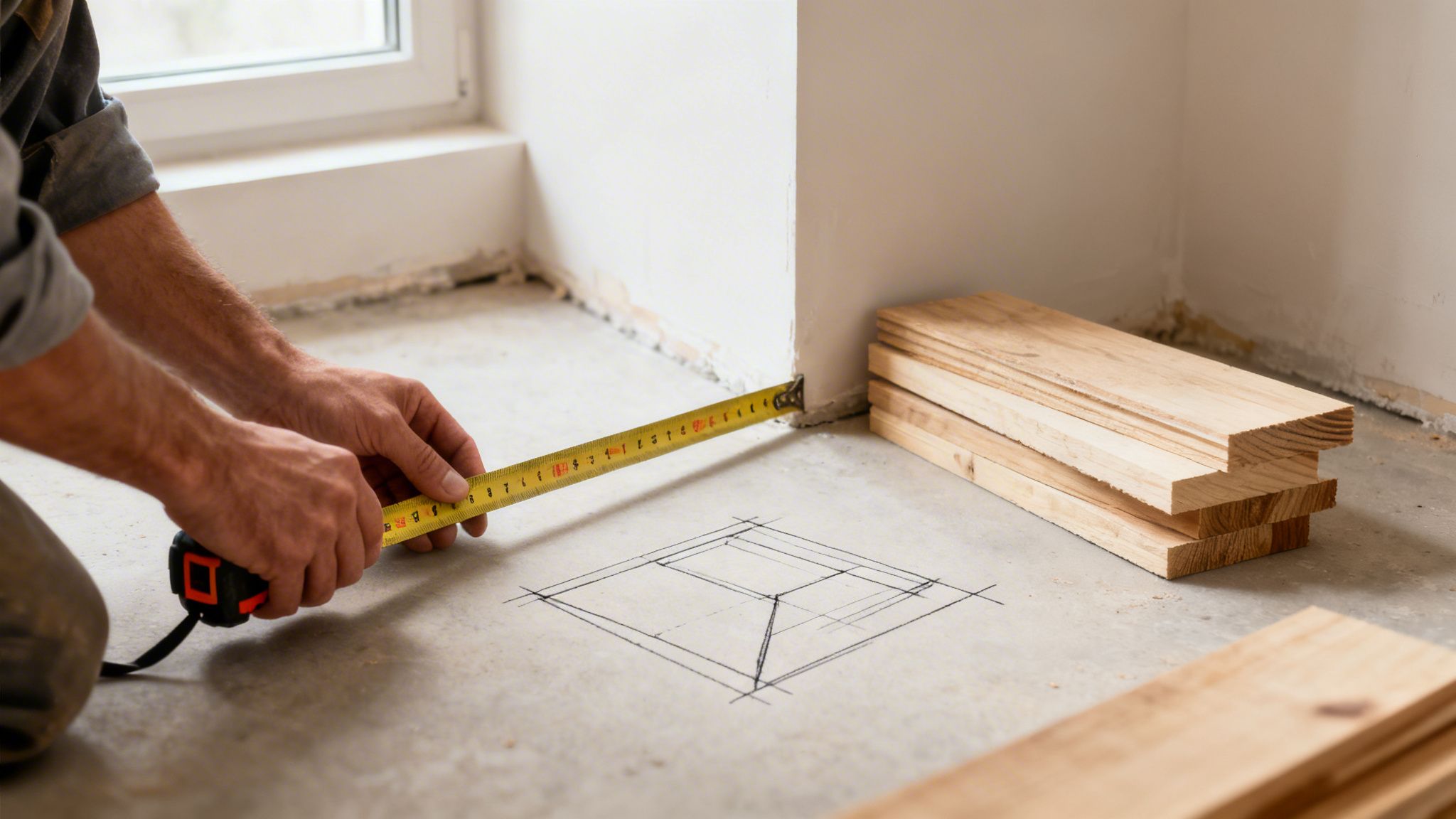 En person måler gulvet med et målebånd i et rum under renovering, med træplanker liggende på gulvet.