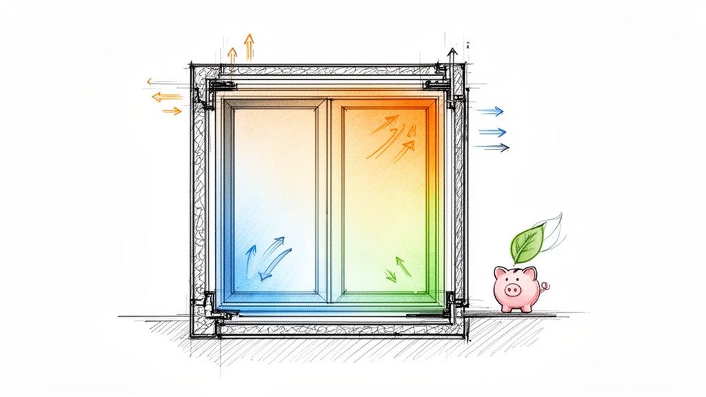 Skitse af et vindue med illustration af ventilation, varmetab og energibesparelse, inklusiv en sparegris med et blad.