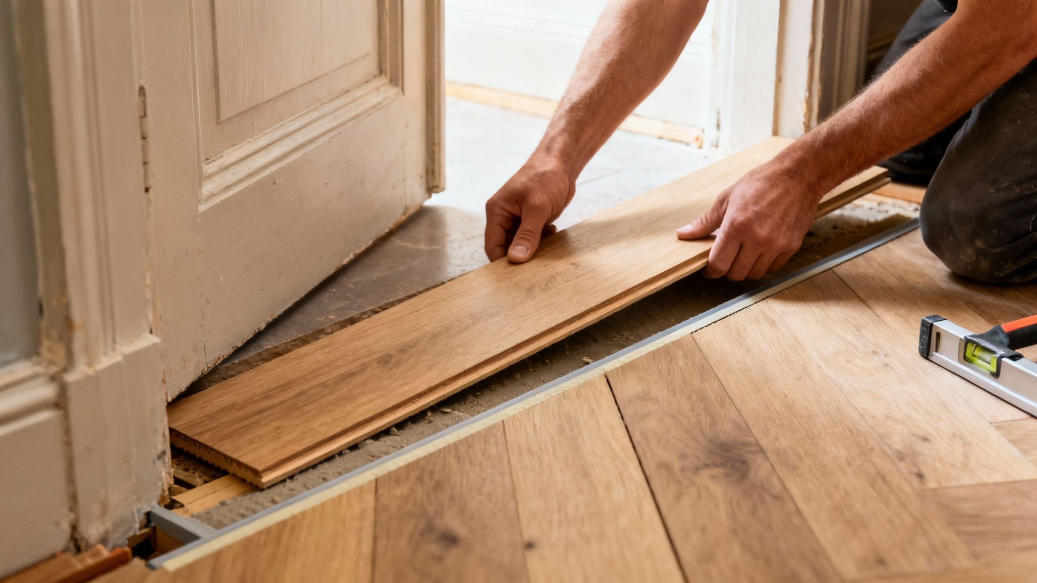 En person lægger nyt trægulv i et hjem, der viser installationen af planker ved en døråbning.