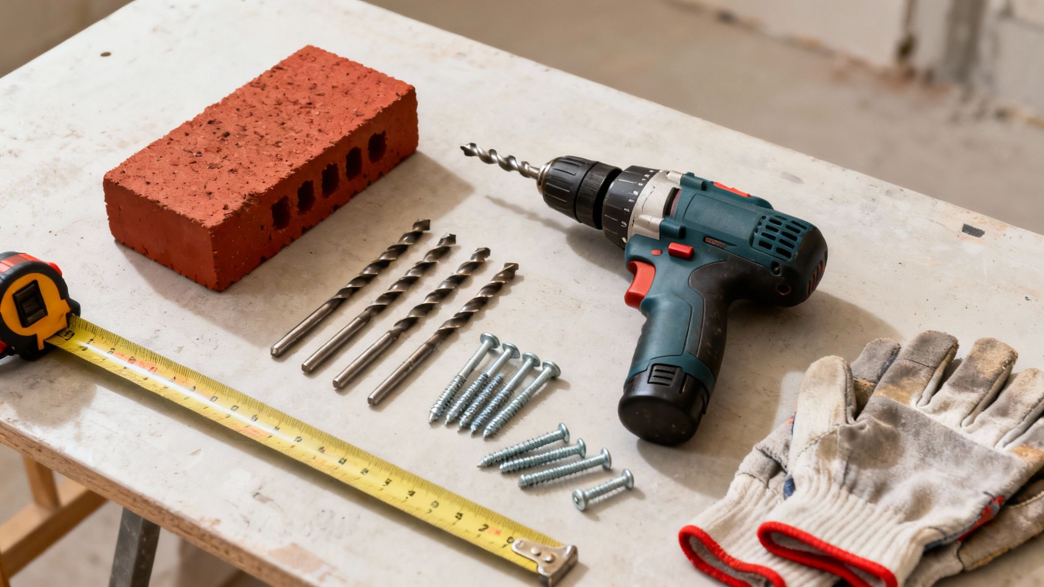 Værktøj til byggeri: boremaskine, mursten, bor, skruer, målebånd og handsker på en arbejdsflade.