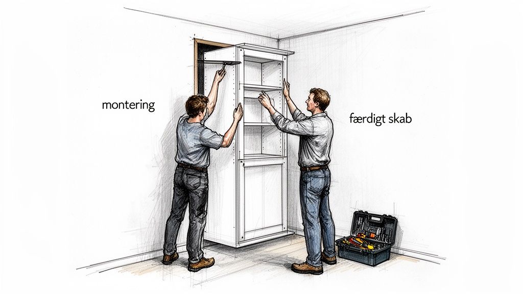 To mænd monterer et indbygget garderobeskab med hylder. Et værktøjssæt ligger på gulvet.