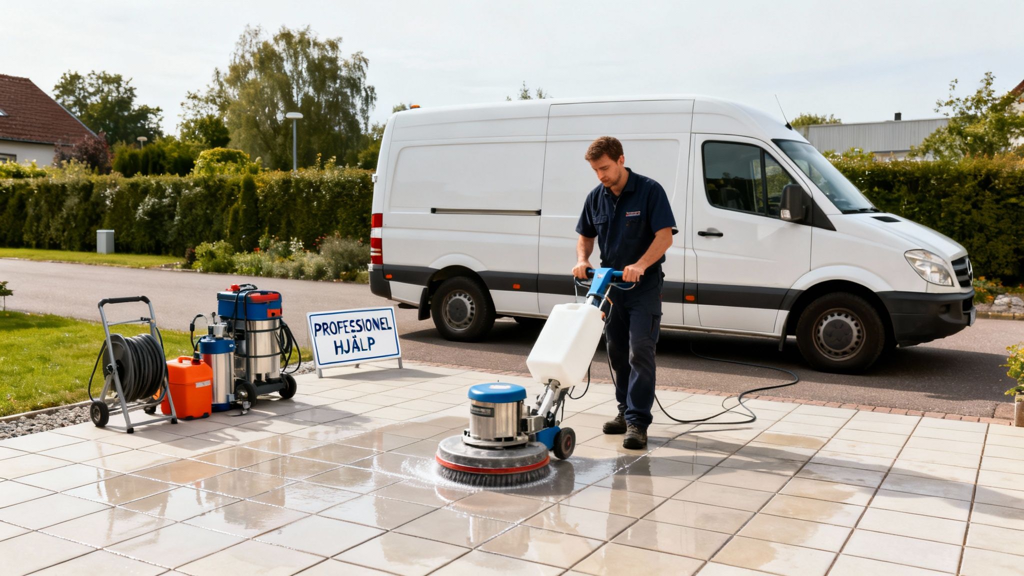 En professionel renser fliser for alger med en maskine, ved siden af en hvid varevogn og rengøringsudstyr.
